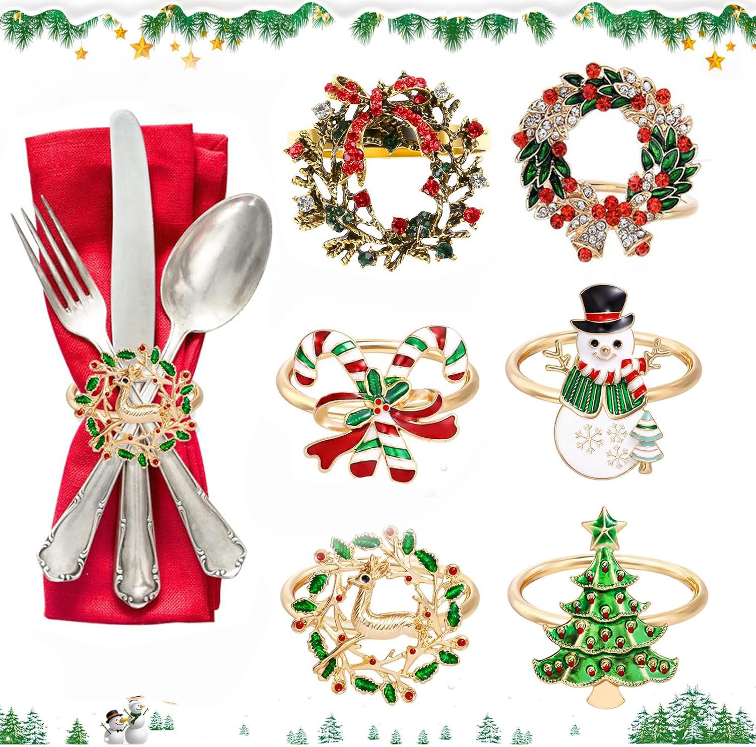 Coonoor Serviettenring 6 Serviettenringe Kranz Serviettenschnalle Rentier Weihnachtskranz, Vintage Tischdeko Schneemann Weihnachtsbaum Weihnachten Deko