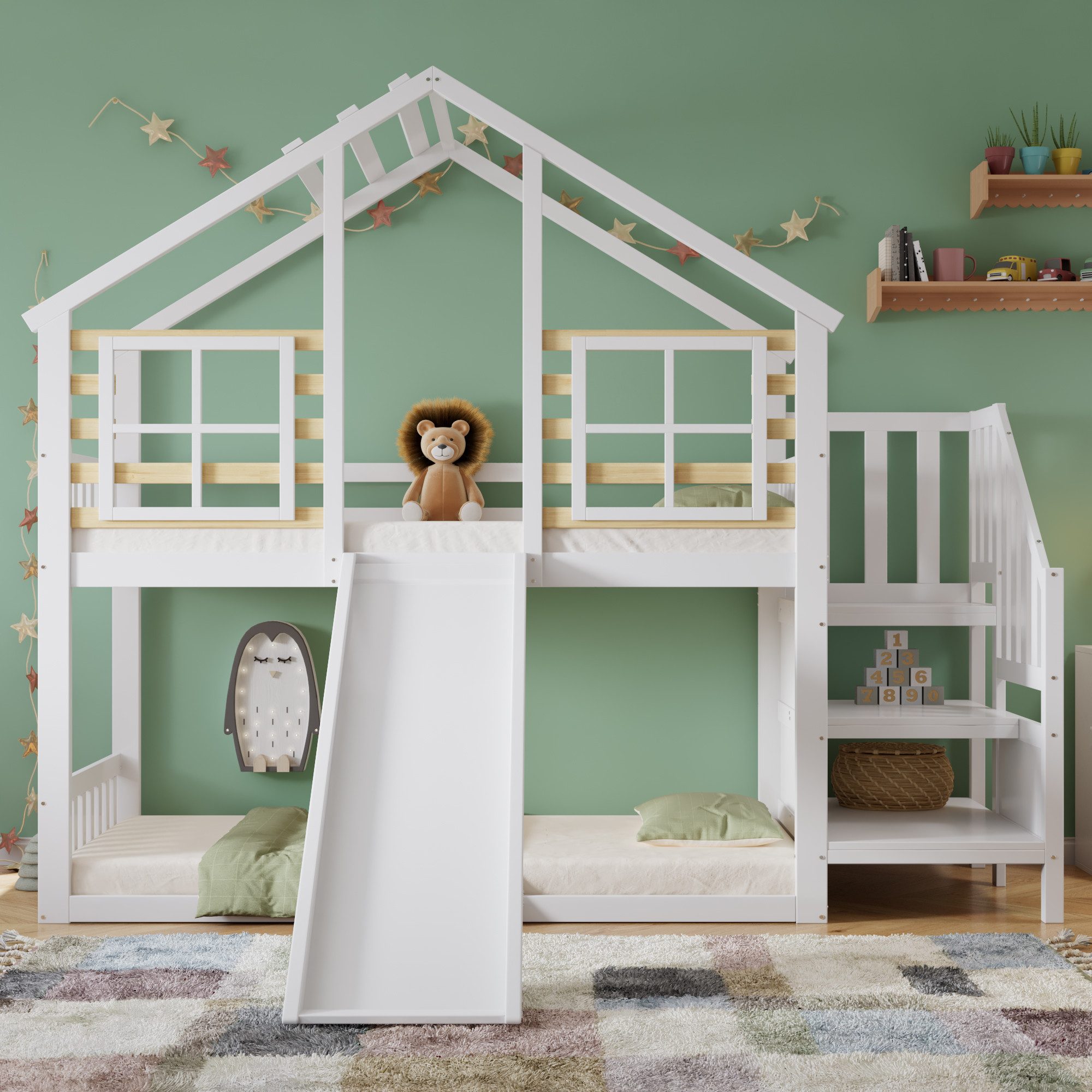 Flieks Etagenbett, Hochbett mit oberem Lattenrost Kinderbett mit Treppe &Rutsche 90x200cm