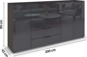 rauch Kommode Flipp, 3-türig, 5 Schubladen, Soft-Close-Funktion, Oberboden und Front Glas