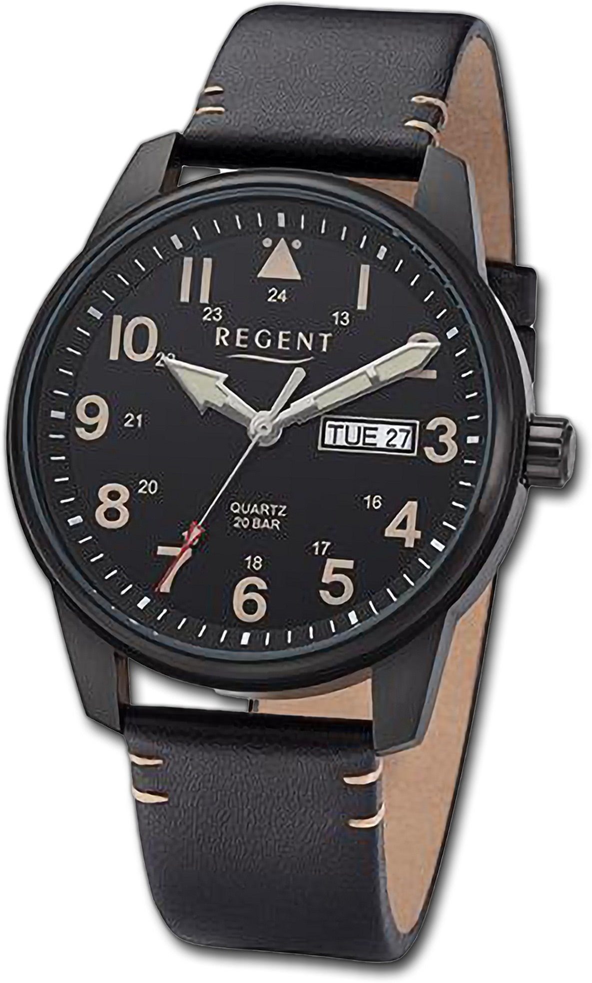 Regent Quarzuhr Regent Herren Armbanduhr Analog, Herrenuhr Lederarmband schwarz, braun, rundes Gehäuse, groß (40,5mm)