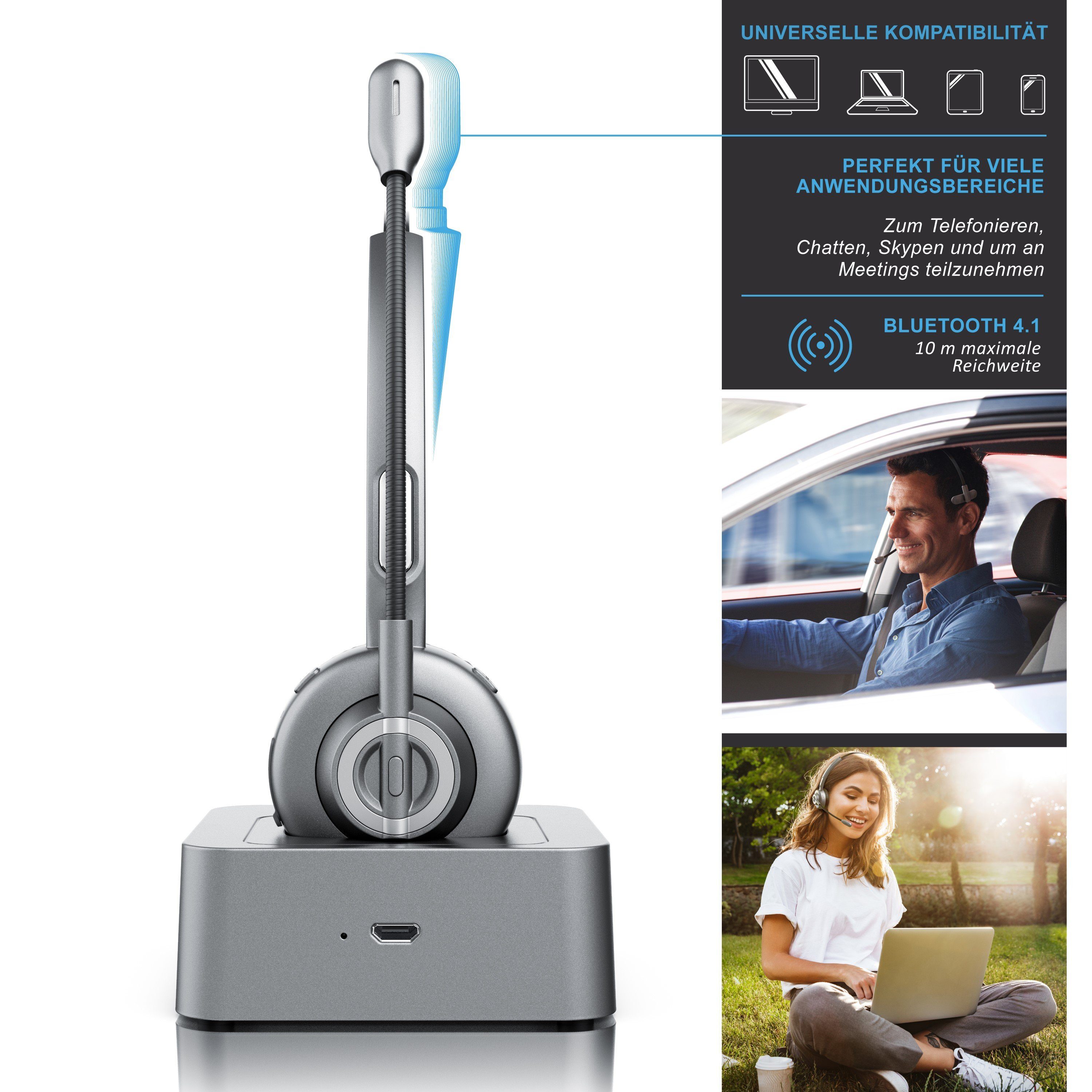 CSL Wireless-Headset (Bluetooth, Mono, Bluetooth, Ladestation, Kopfhörer mit flexiblem Mikrofon)