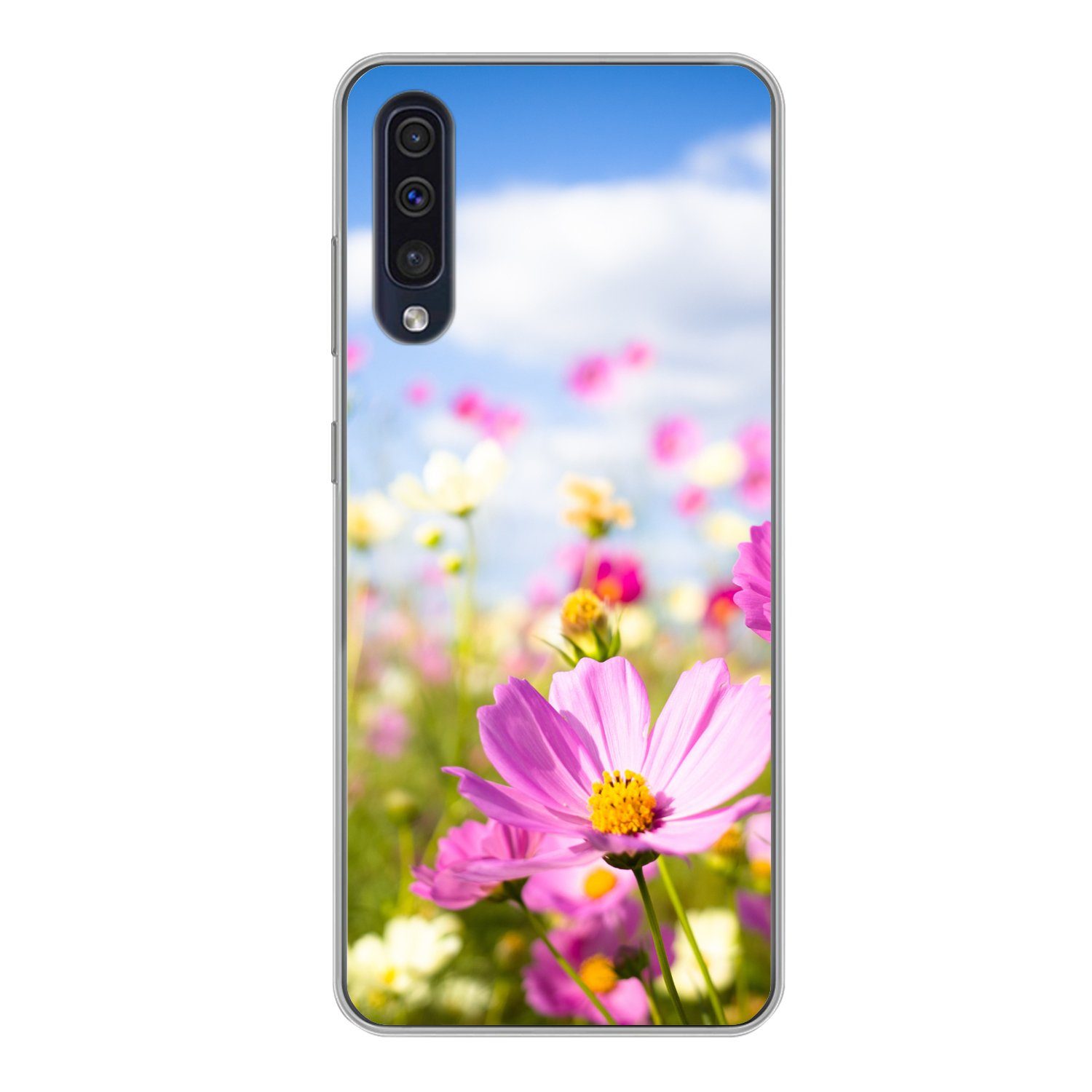 MuchoWow Handyhülle für Samsung Galaxy A50 Blumen - Wiese - Lila - Gras - Weiß - Wolken -, Smartphone-Bumper, Print, Handy Schutzhülle Dünn
