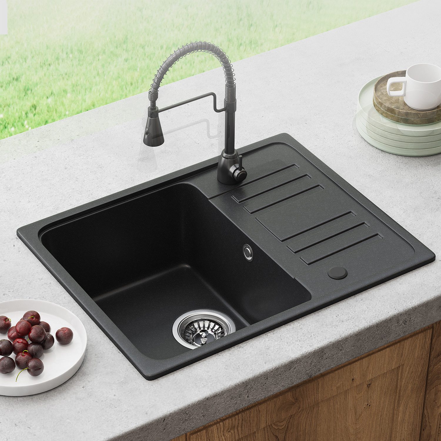 HOROW Granitspüle Granit Spüle in Schwarz 1 Becken Einbauspüle in 57 x 45 cm, 57/45 cm, mit Siphon Ab- und Überlaufgarnitur