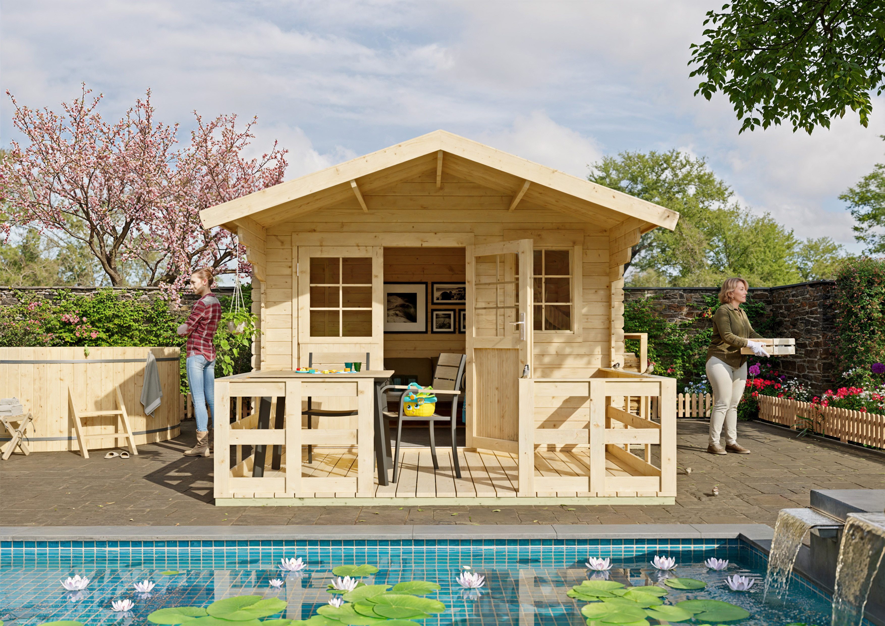 KONIFERA Gartenhaus Kallenberg 2 aus naturbelassenem Fichtenholz, BxT: 340x443 cm, mit Terrasse, Vordach und Fußboden