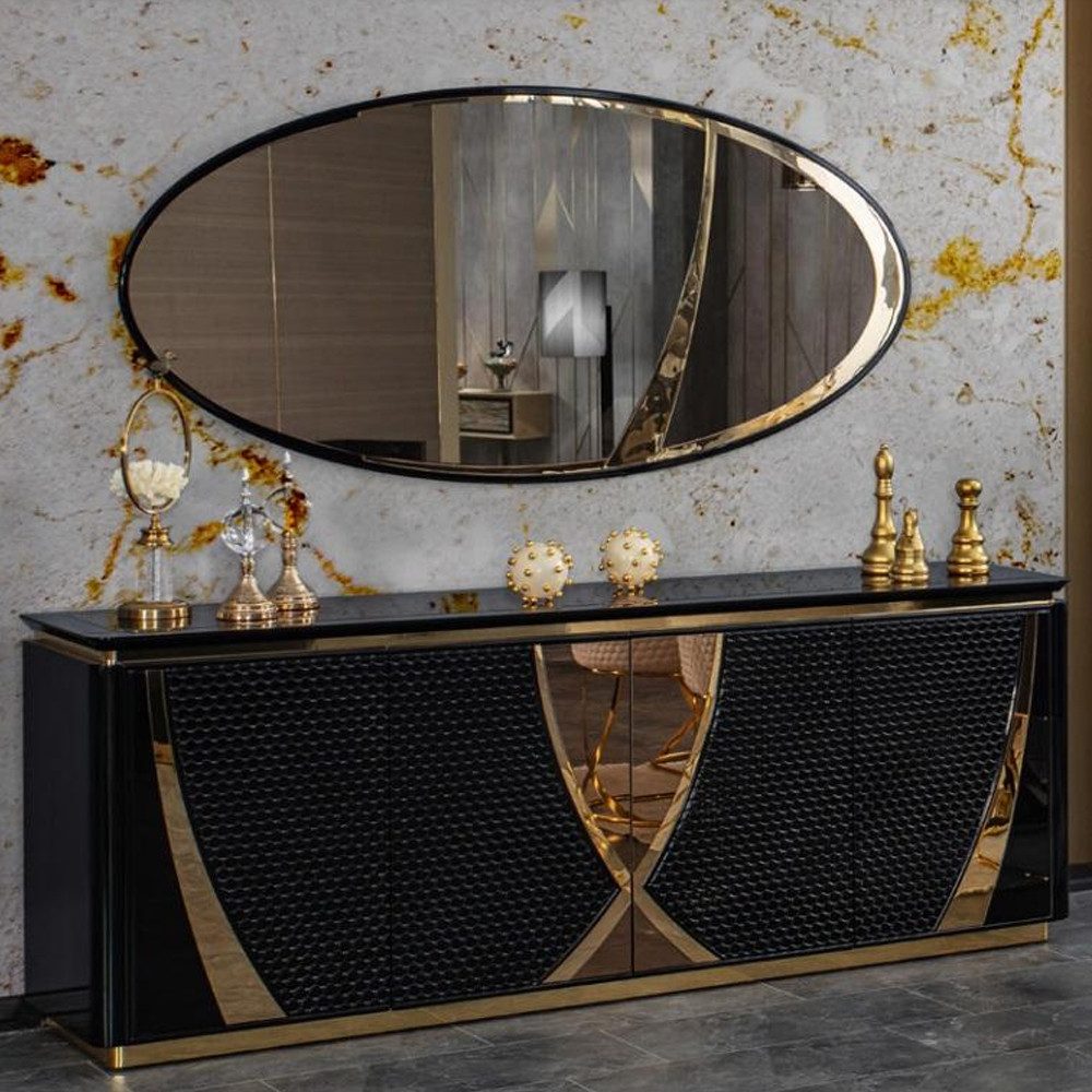 JVmoebel Sideboard Elegante schwarze Kommode mit Spiegel Modern im Gold Design SOFORT (Sideboard+Spiegel), Made in Europa