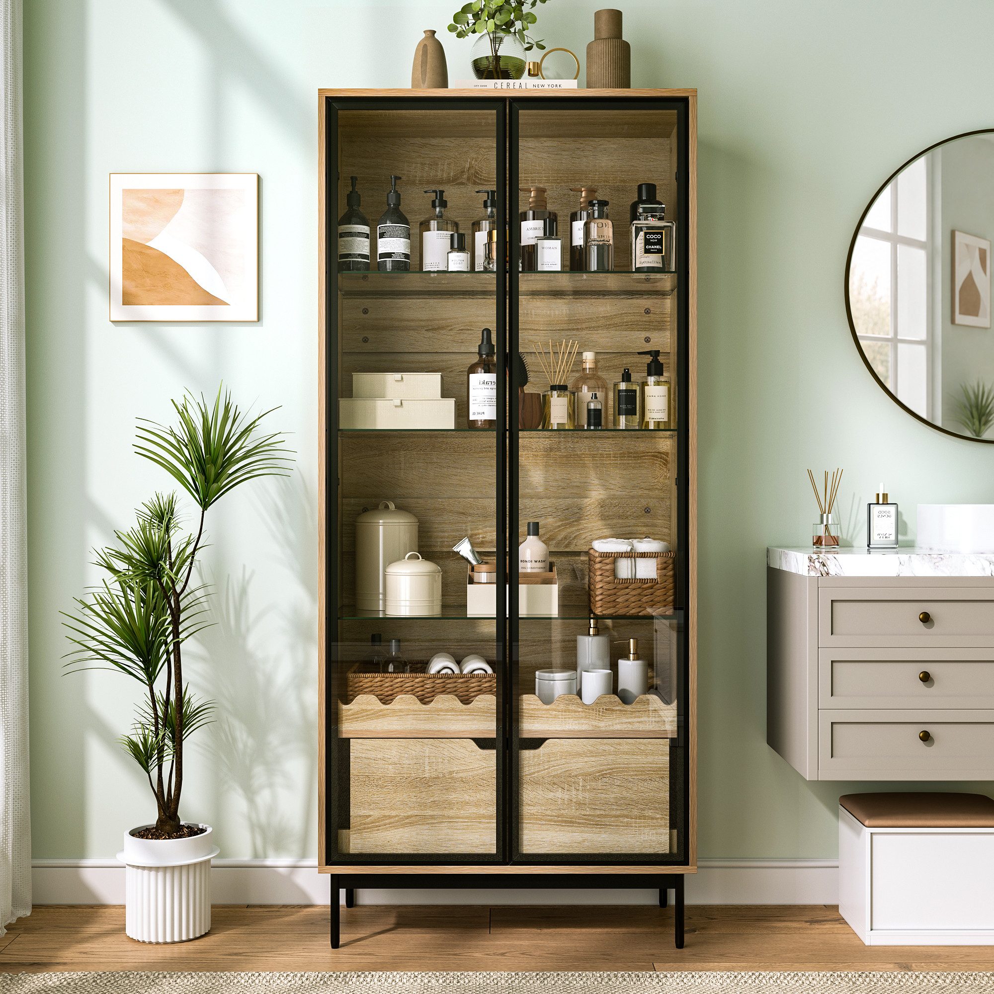 HAUSS SPOLE Vitrine mit Glastür,Standschrank Hochschrank mit Schublade & Metallfüßen,Natur (Glastürschrank Aufbewahrungsschrank mit Wellendekor und geschlossene Stauraumlösung) Hochschrank mit höhenverstellbare Einlegeböden und Metallfüßen