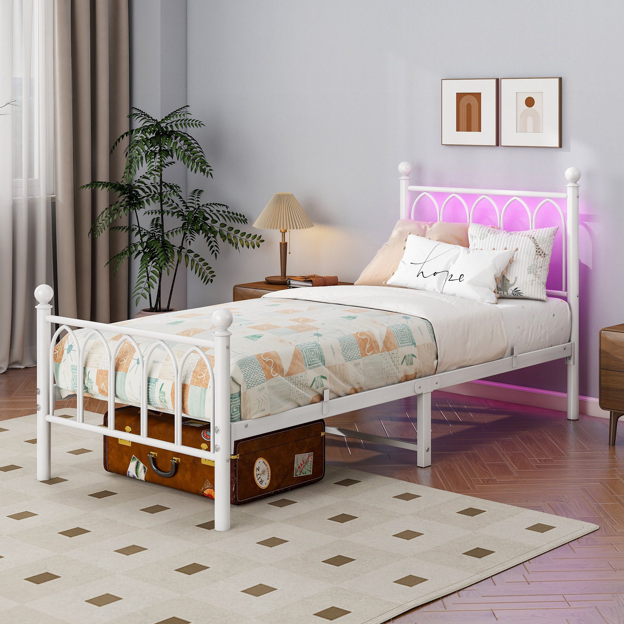 HOMERECOMMEND Metallbett Minimalistischer Bettrahmen mit komfortablem Kopfteil Gästebett (1-tlg), Metallbett mit Lattenrost und LED-Beleuchtung, 90x200cm – Bild 3 von 5