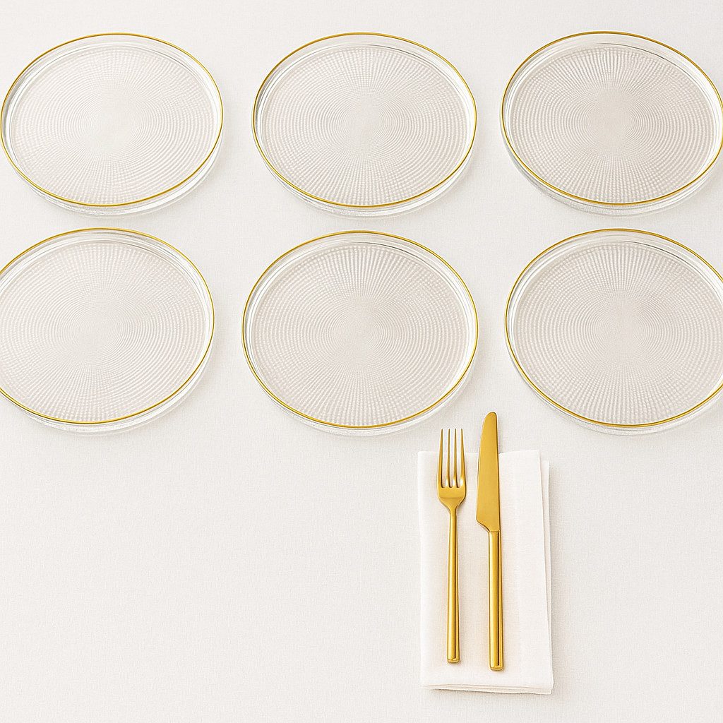 Jungengel Dessertteller 6er Set Glas mit Goldrand Kuchenteller Glasteller Vorspeisenteller, (6 St), Edles 6er Glas Dessertteller mit Goldrand, stapelbar & pflegeleicht