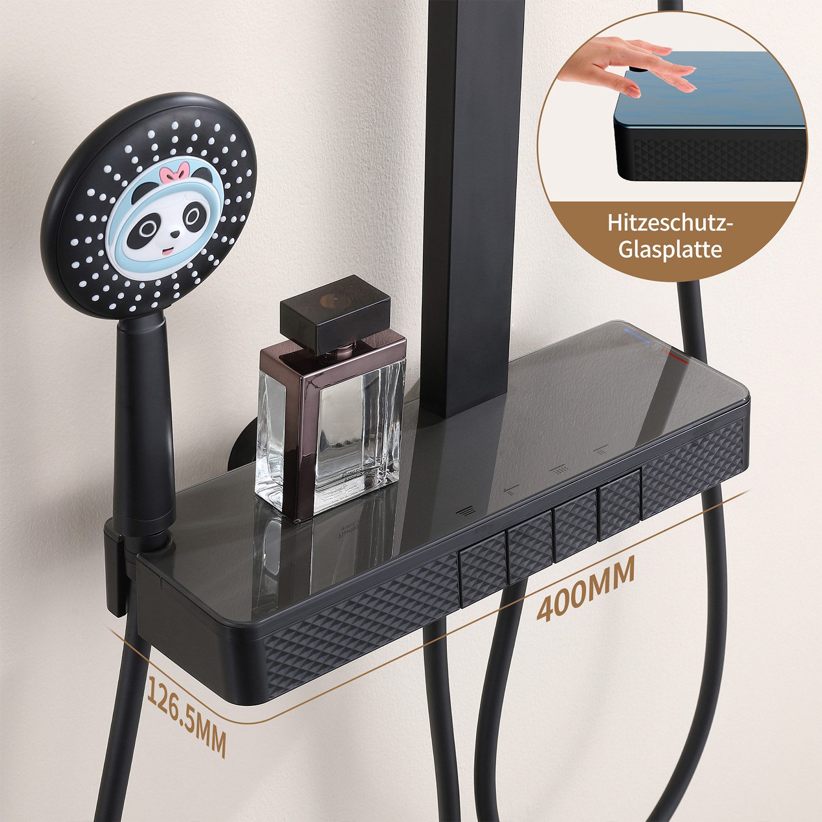 HOMELIVE Duschsystem mit Thermostat und Glasablage Ohne erneutes Bohren erforderlich, 3 Strahlart(en), Schwarzes Duschset mit rundem Kopf, Kinder-Handbrause und 400mm Ablage