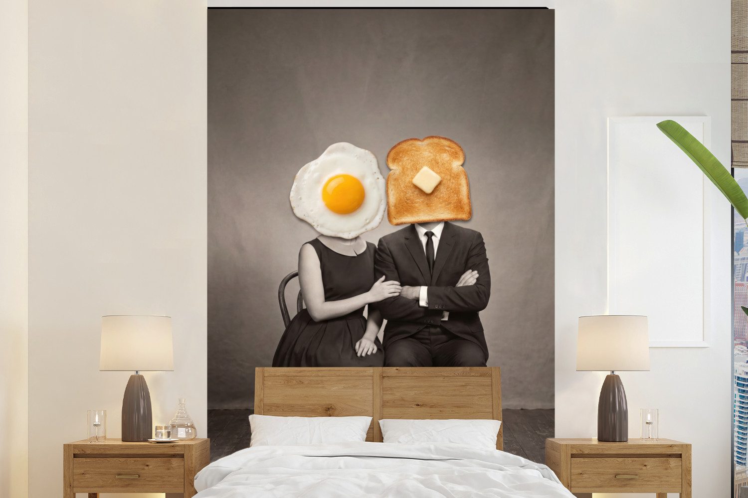 MuchoWow Fototapete Frühstück - Ehepaar - Ei - Brot, Matt, bedruckt, Vinyl Tapete für Wohnzimmer oder Schlafzimmer, Wandtapete, 225x350 cm