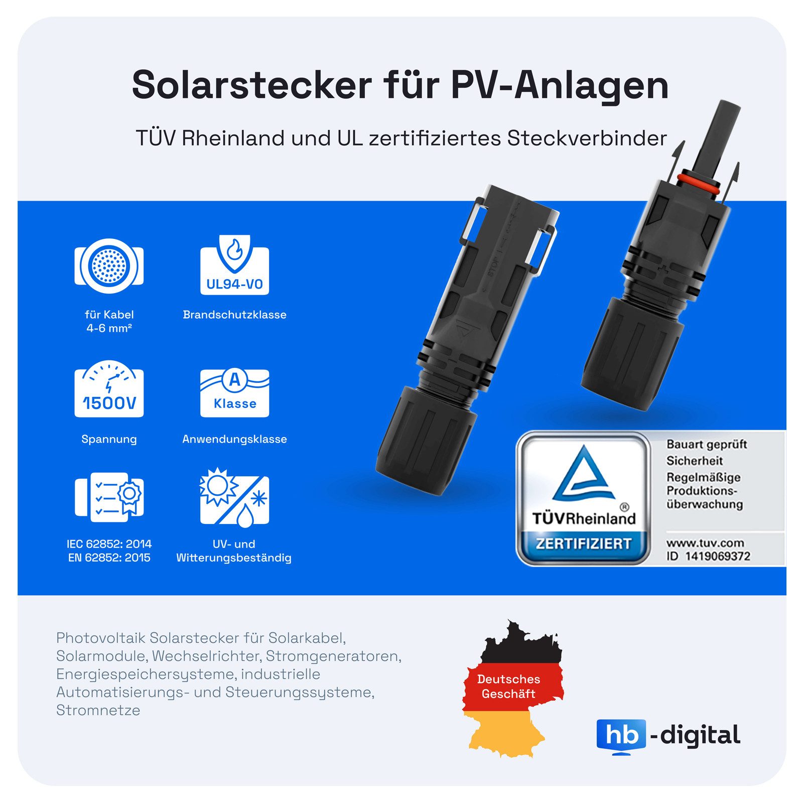 HB-DIGITAL Solarstecker 1500V PV Stecker für Solarkabel 4mm²/6mm² Solarkabel, Solarstecker, Stabil, Witterungs- und UV-Beständig – Bild 2 von 5