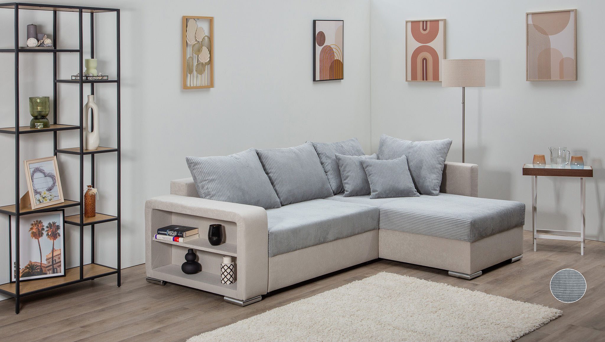 COLLECTION AB Ecksofa John L-Form, B: 226 cm, Schlaffunktion, Bettkasten, Regalelement & 2 Zierkissen