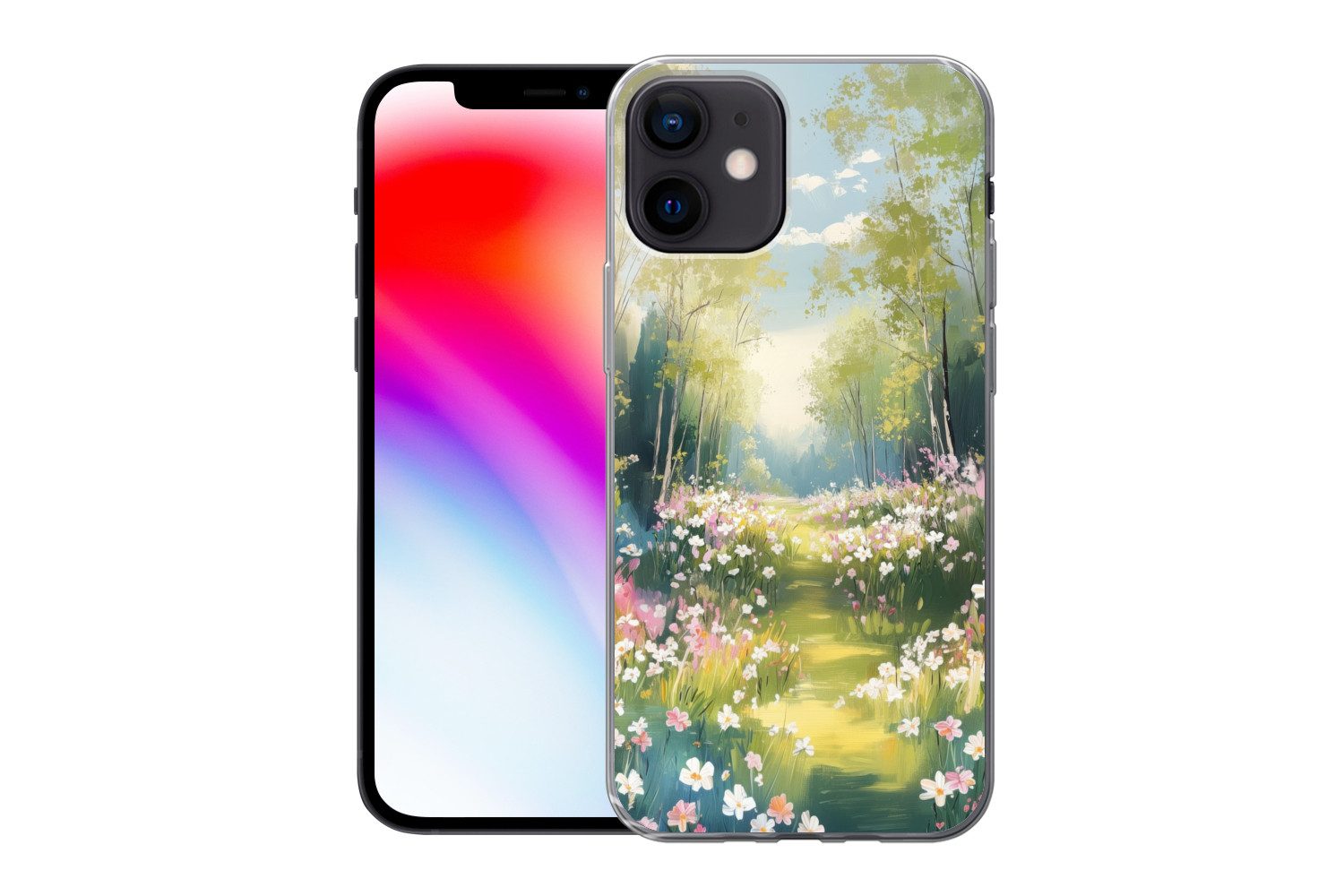 MuchoWow Handyhülle für Apple iPhone 12 Wald - Malerei - Farbenfroh, Smartphone-Bumper, Print, Handy Schutzhülle Dünn