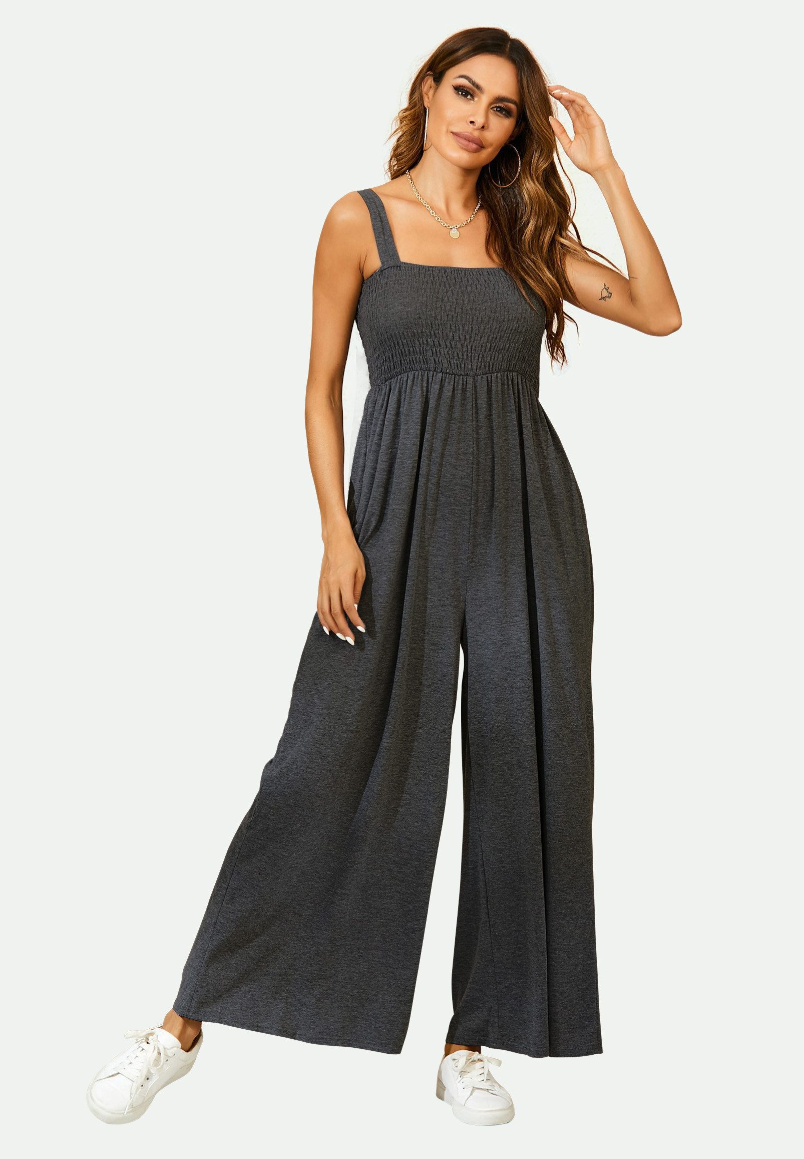 FS Collection Jumpsuit Damen Ärmelloser Jersey-Jumpsuit mit Bardot-Muster und Trägern in Grau (Einheitsgröße: XS (EU:36 / UK:8) · S (EU:38 / UK:10) · M (EU:40 / UK:12) · L (EU:42 / UK:14) · XL (EU:44 / UK:16) 95% Polyester, 5% Elastane – weicher Jersey, elastisch, formstabil