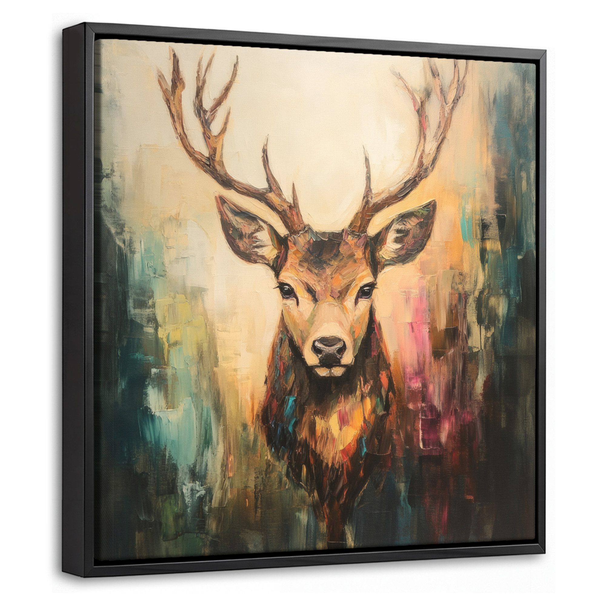 OneMillionCanvasses® Leinwandbild mit Rahmen - Hirsch - Gemalt - Geweih - Braun, Fotodruck (1 St), Leinwand Bilder Klein, Wand Dekoration Aesthetic 20x20cm