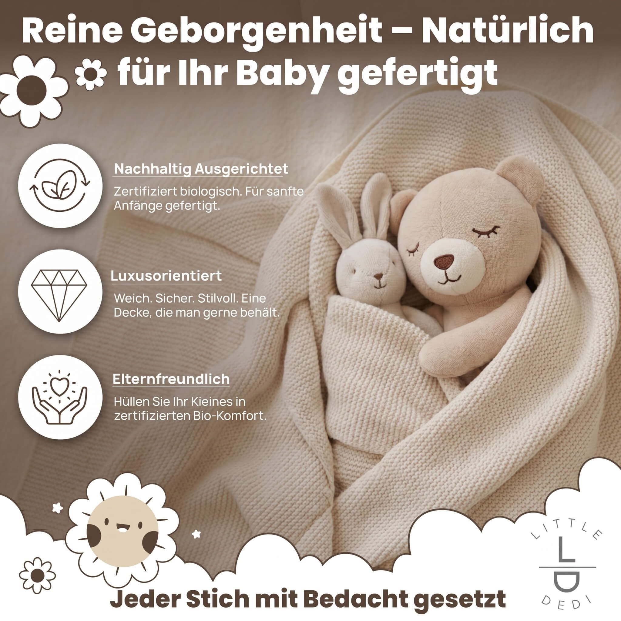 Babydecke Baby Strickdecke, %100 Bio Baumwolle Atmungsaktiv 80x100cm Natur Beige, Little Dedi