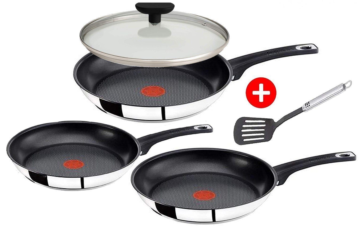 Tefal Pfannen-Set Jamie Oliver E43510 Pfannenset 20,26,28cm + Deckel 28cm alle Herdarten, Edelstahl 18/10 (Pfanne, Bratpfannen Set, Pfannenset, Wok, Wokpfanne, Schmorpfanne, + 1 Wender & Filzschoner, Antihaftbeschichtet, Edelstahl, Bratpfanne), ohne Fett/Öl braten