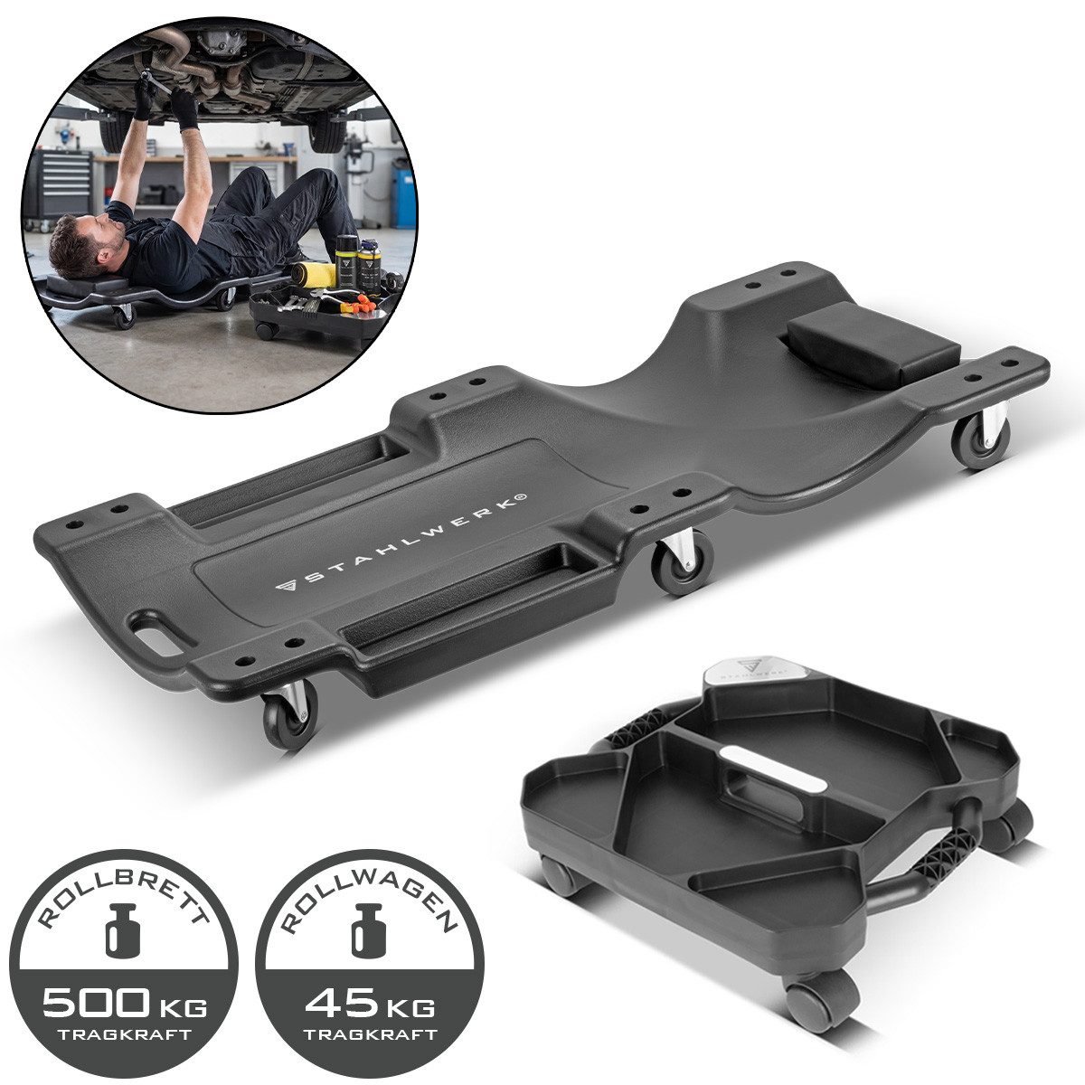 STAHLWERK Werkzeugwagen Kfz Rollbrett Montageliege 500 kg Werkzeug Organizer 5 Fächer 45 kg