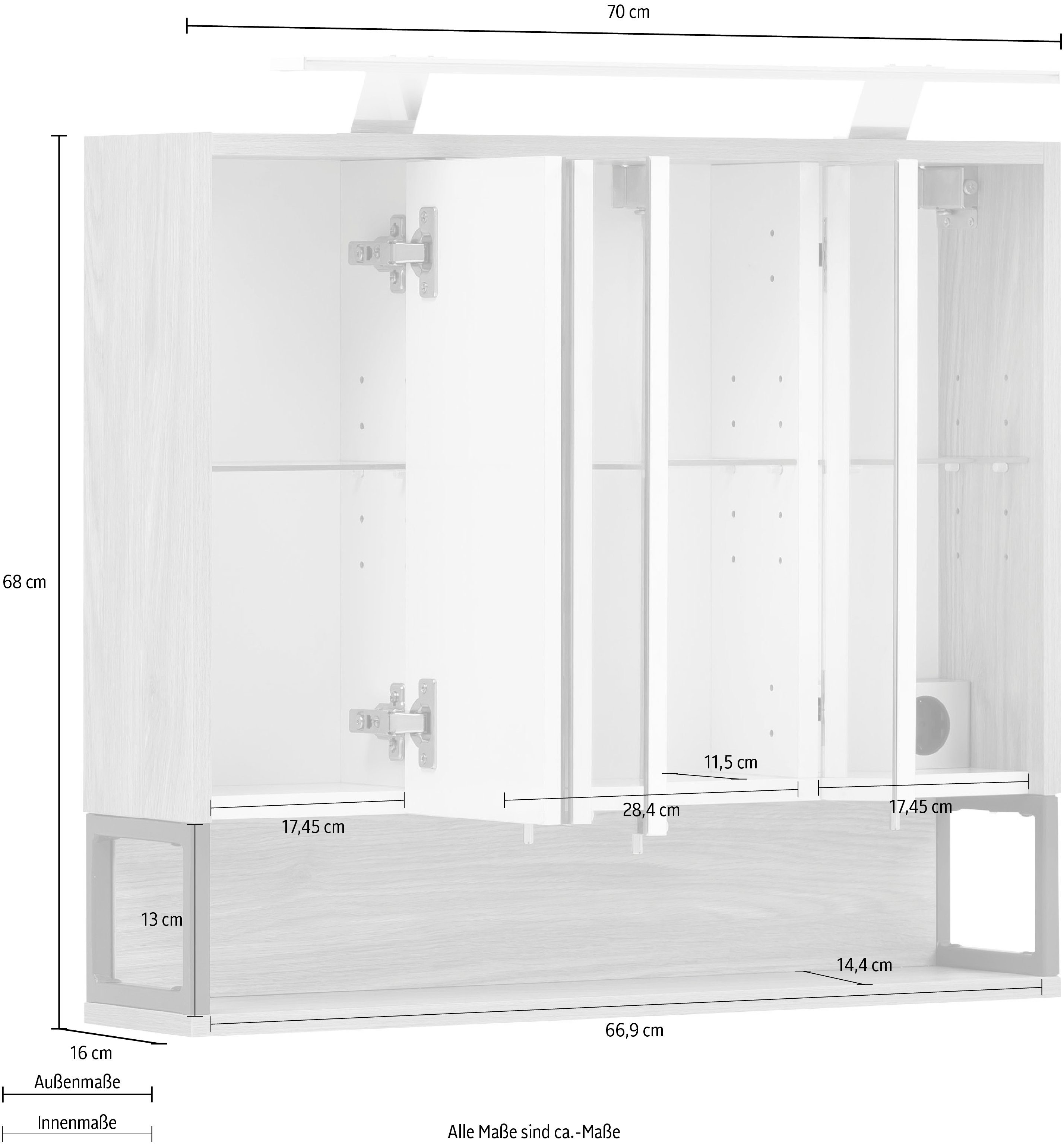 Schalter-/Steckdosenbox 3-türig, Schildmeyer LED-Beleuchtung, Spiegelschrank hell cm, Limone eichefb. 70 Breite