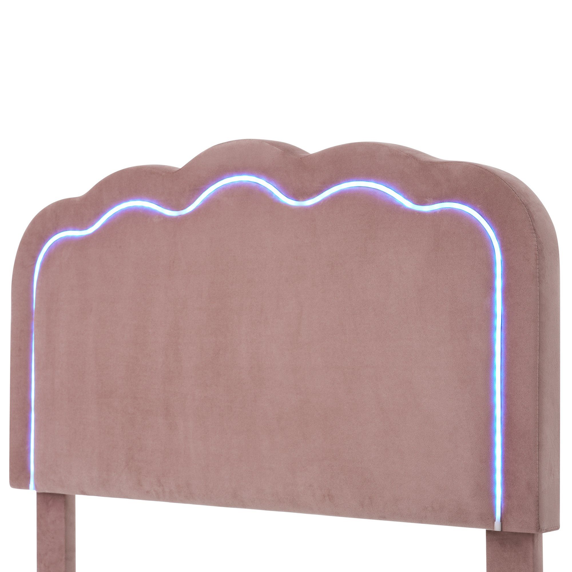 Polsterbett (Einzelbett, LED Jugendbett), mit Lattenrost und Verstellbares Kopfteil in Puff-Form, 90x200cm, Samt