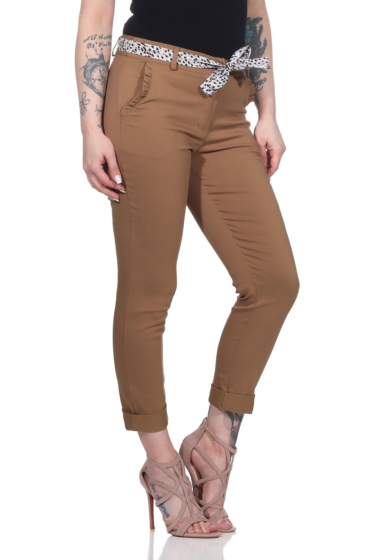 Tuch M. Mississhop Braun Chino Stretch gemustertem Hose 366 Klassische mit Female Stretch-Hose Damen