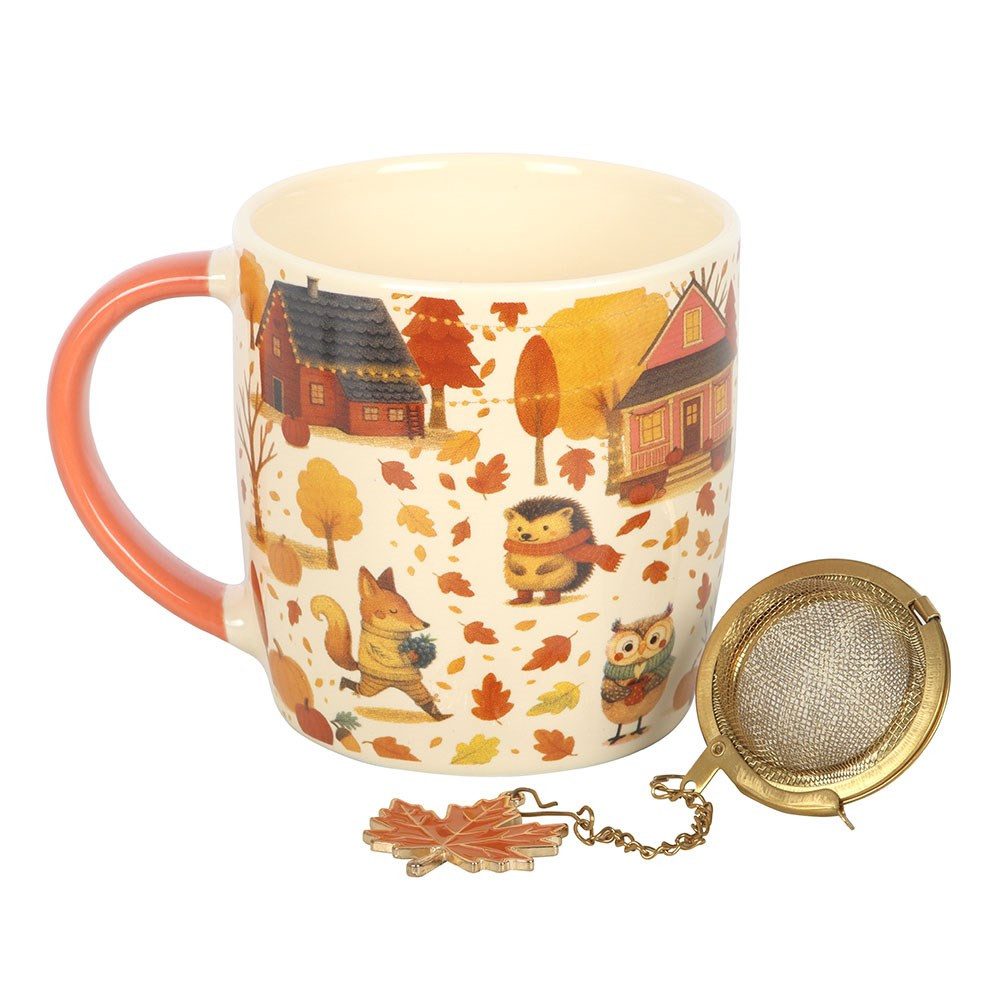 Something Different Tasse Süße Keramik Tasse Herbst-Waldtiere mit goldenem Tee-Ei