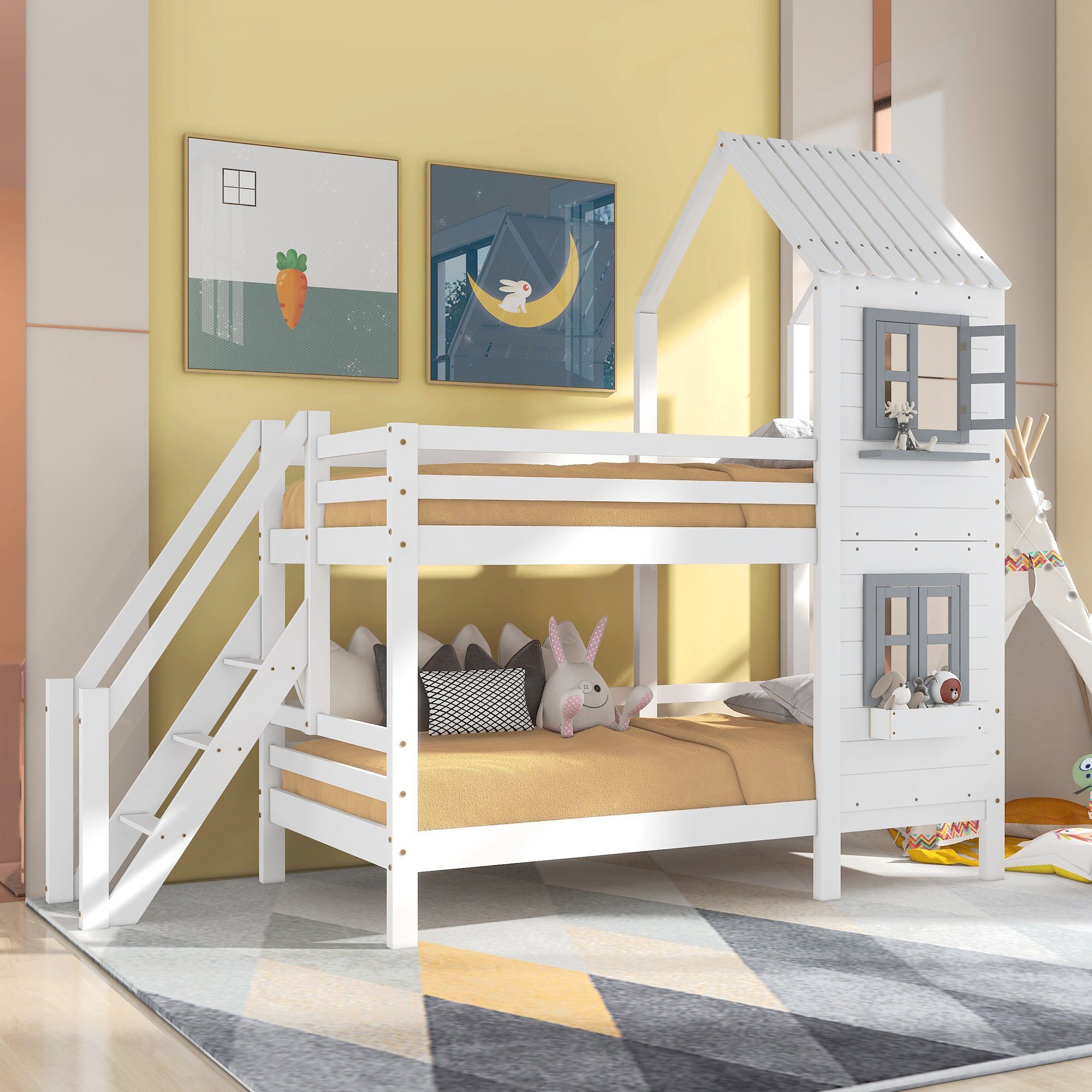 Flieks Etagenbett, Hausbett mit Fallschutz weiß Leiter 90x200cm Kiefer Kinderbett