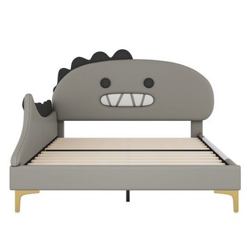 DOPWii Bett 140*200 cm Kinderbett,Cartoon Dinosaurier Form,Flachbett, PU Material,Grau/Grün