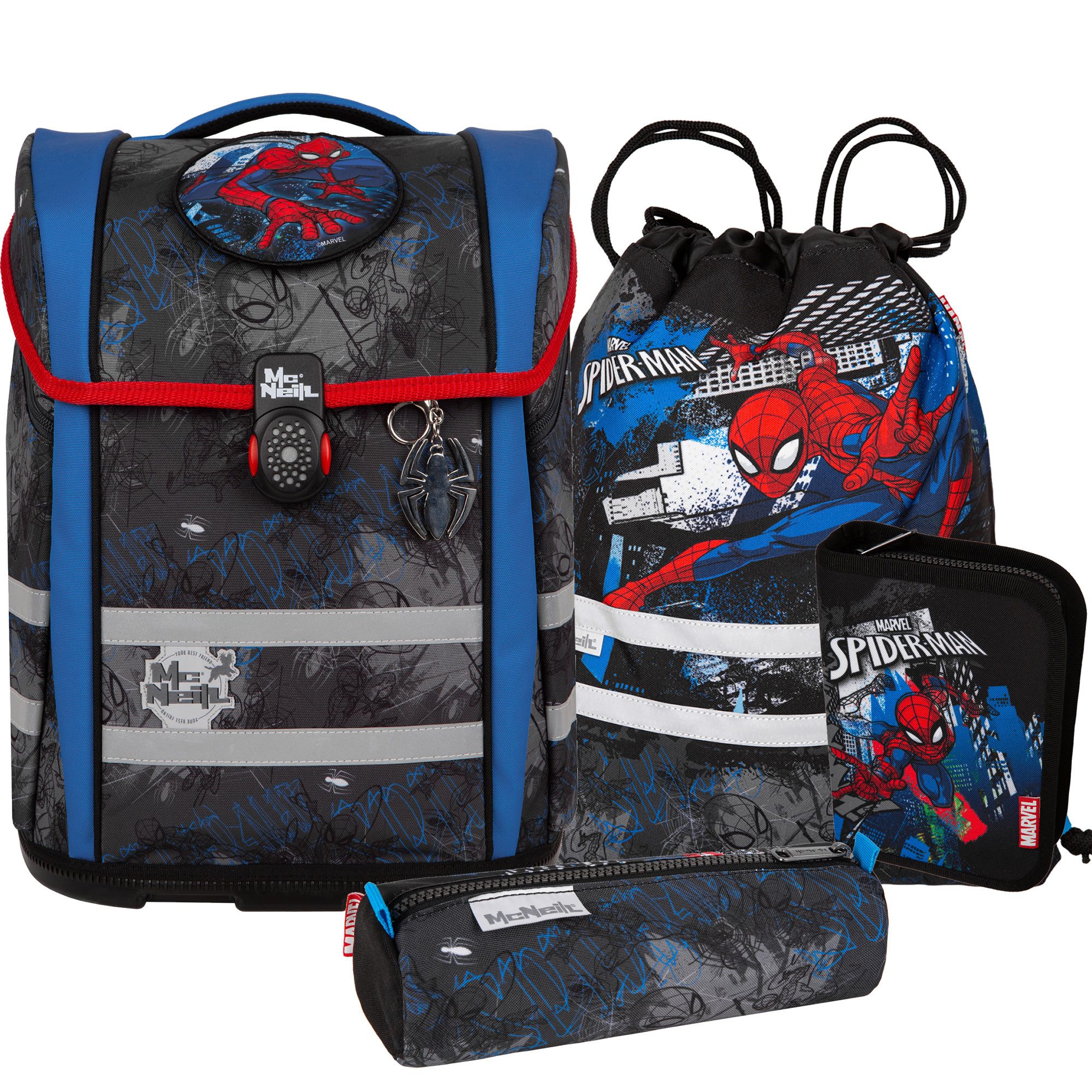 McNeill Schulranzen Perfecto Spider-Man 5tlg. Disney Schulranzen ergonomisch ClickFlex (Spar-Set, Sportbeutel, Magnet & Anhänger, Schlampermappe, Federmappen befüllt), ClickFlex Rückensystem, mitwachsend, ergonomisch