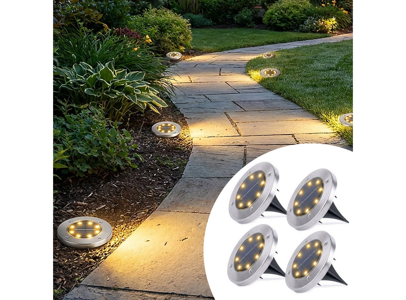 Casativo Gartenstrahler Solar-Bodenstrahler 200lm IP44 Erdspieß Garten-Außenleuchte Ø 11,5cm, LED fest integriert, 8-LEDs je Strahler, Wegleuchte, Dämmerungssensor & 6-8h Leuchtdauer