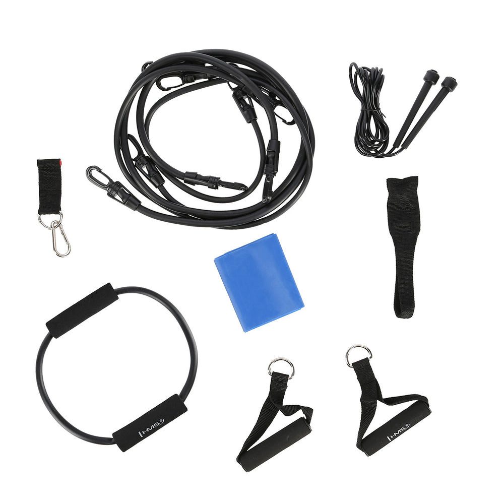 HMS Widerstandsbänder Expander Trainingsset Fitnessband Spar-Set, 6-tlg., 140 cm Zugband robust, 4 Zugbänder, Griffe, Türanker, Springseil
