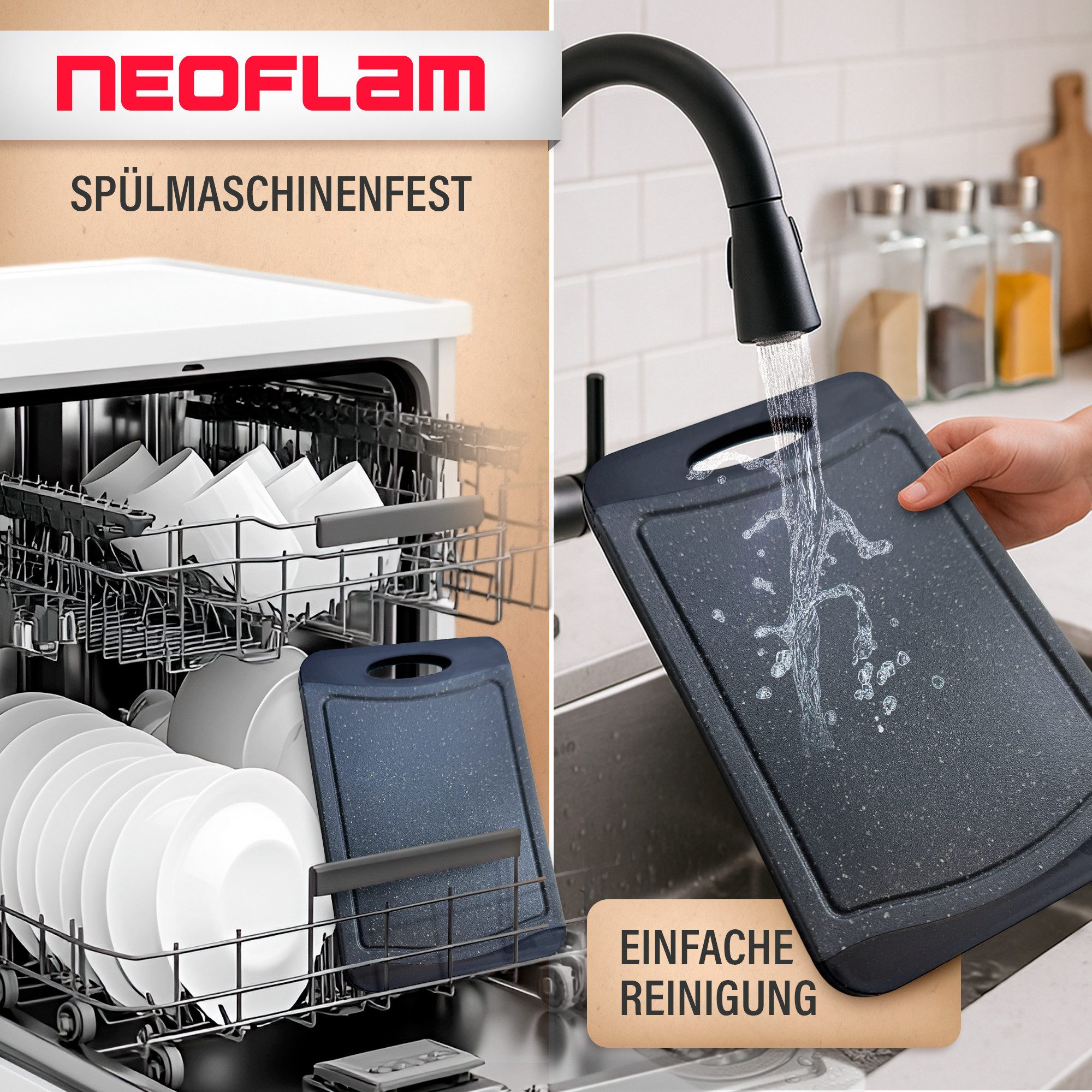 NEOFLAM® Schneidebrett Flutto Antibakterielles Frühstücksbrettchen Set 4tlg. - Granit/Schwarz, Kunststoff (PP), (4-St) – Bild 3 von 5