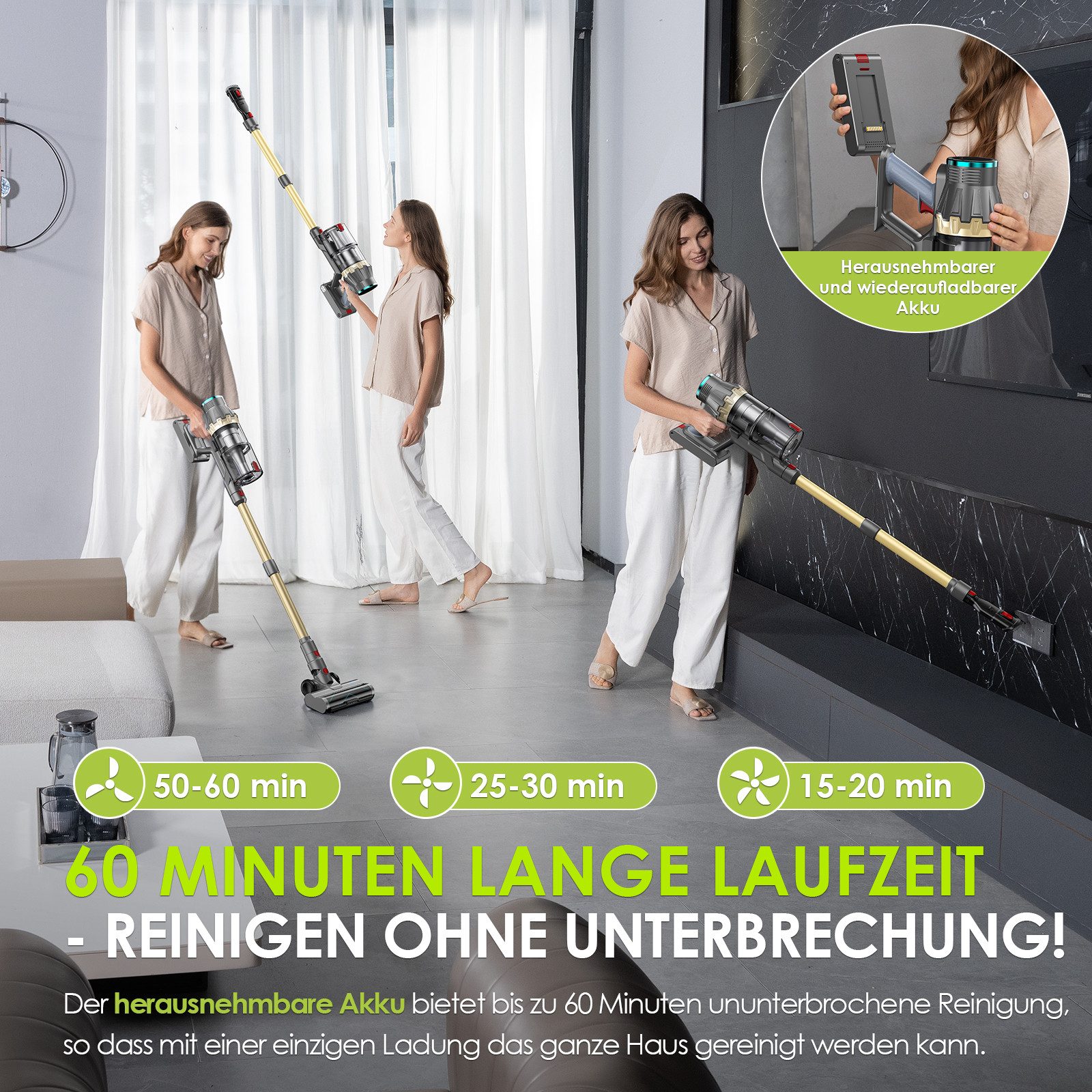 ZMH Akku-Handstaubsauger Akku Staubsauger Kabellos, 550W/45000Pa/60 Min Akkustaubsauger, 550 W