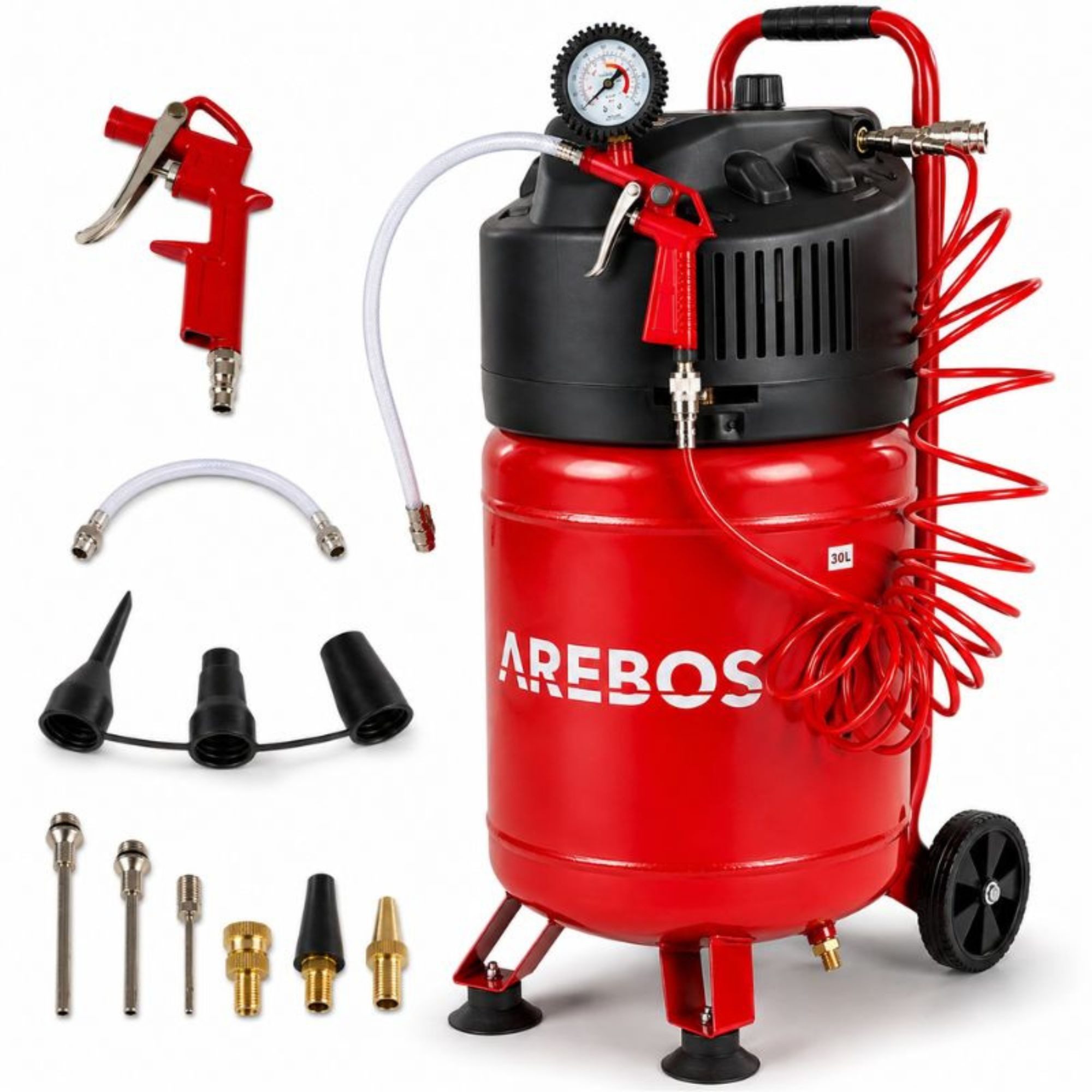 Arebos Druckluftgeräte-Set 30L Druckluftkompressor stehend, inkl. Zubehör, Wartungsarm, 13-tlg., Ölfreier Kompressor für lange und wartungsarme Lebensdauer