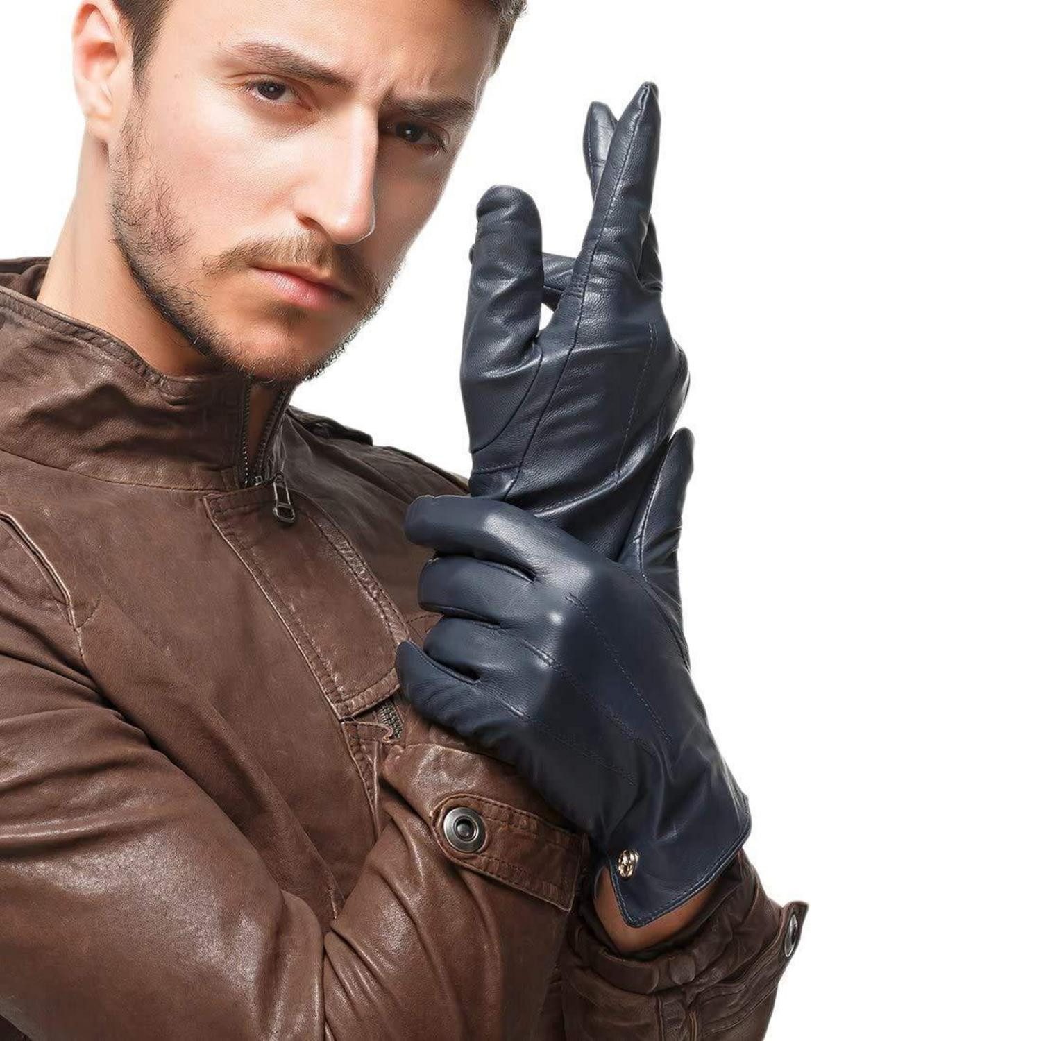 LuxusKollektion Lederhandschuhe Herren Handschuhe Leder Wintergefüttert Dunkelblau (1-St)