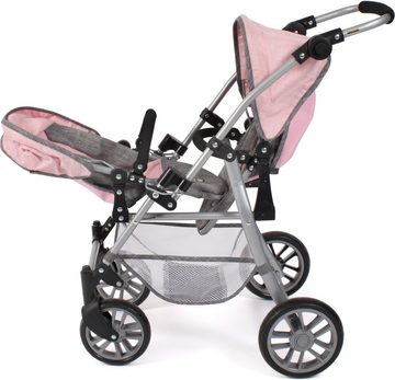 CHIC2000 Puppen-Zwillingsbuggy Twinny, Grau-Rosa, mit schwenkbaren Vorderrädern