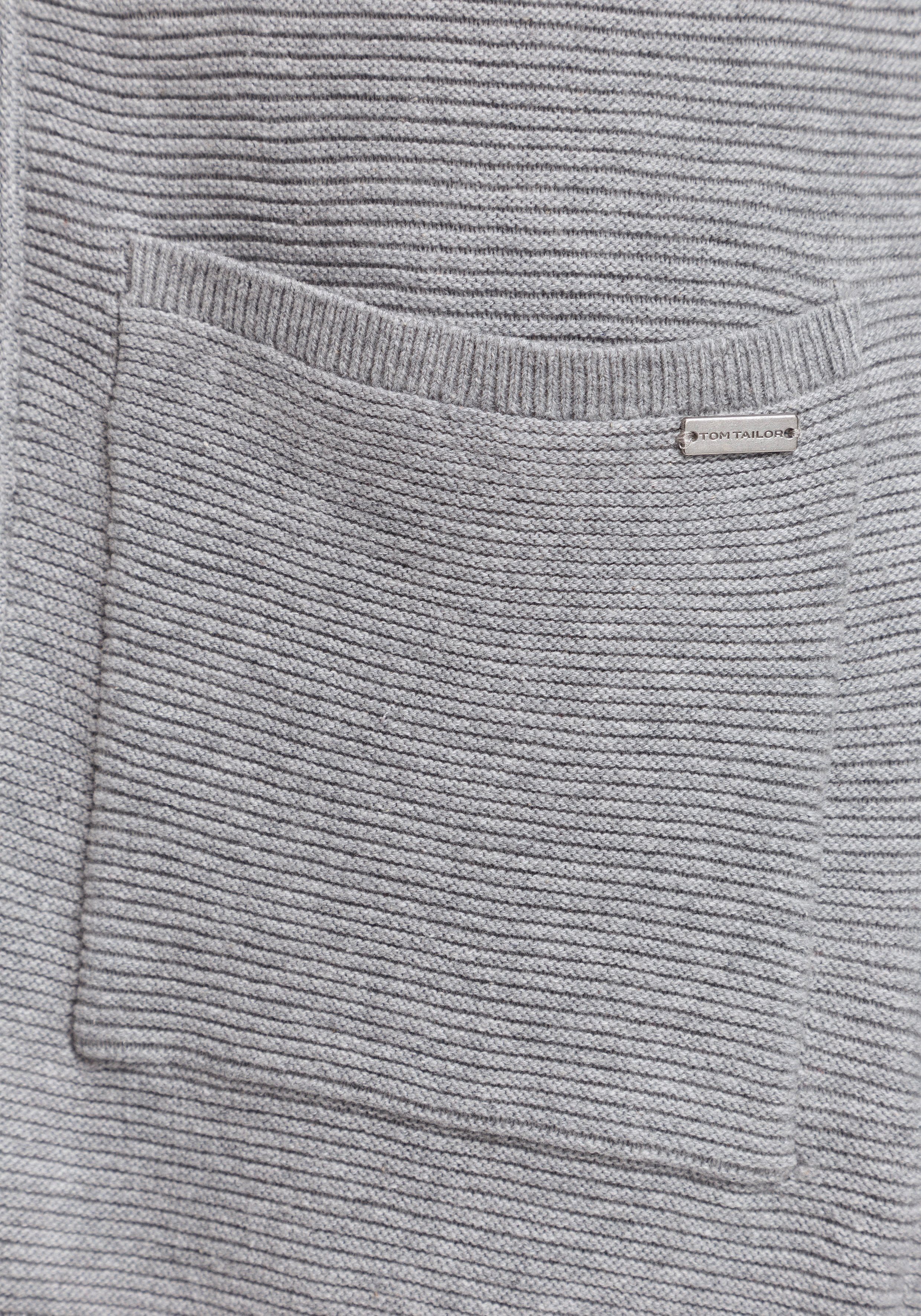 Rippstrick aus aufgesetzten TOM TAILOR grey Longstrickjacke melange silver mit Taschen