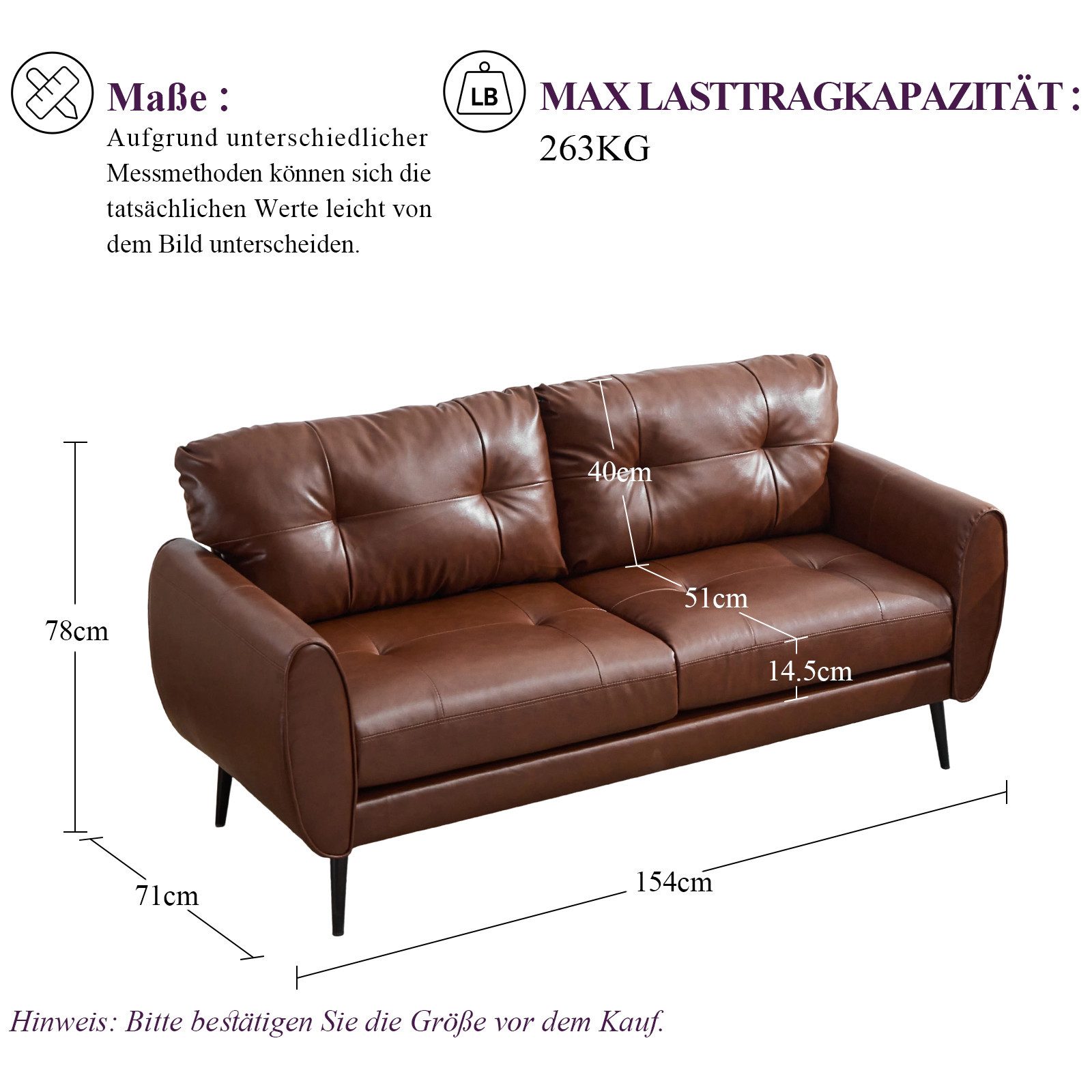 GRAVFORCE Sofa Prägunoserie Modern Kunstleder Braun für Wohnzimmer, 2 Teile, Büro Einfache Montage 146x72x77