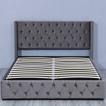 SOFTWEARY Polsterbett Doppelbett (mit Lattenrost und Bettkasten, 140x200 cm), Kopfteil mit seitlichen Ohren, Samt