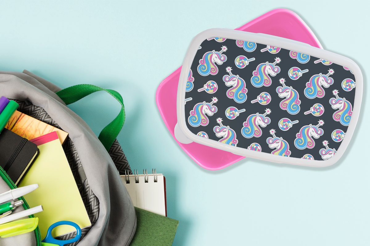 MuchoWow Lunchbox Mädchen - Kunststoff, Muster - Einhorn Snackbox, für Bonbons Kinder, -, Brotbox Erwachsene, Brotdose rosa Kunststoff Mädchen - Kinder - - Lutscher Mädchen, (2-tlg)