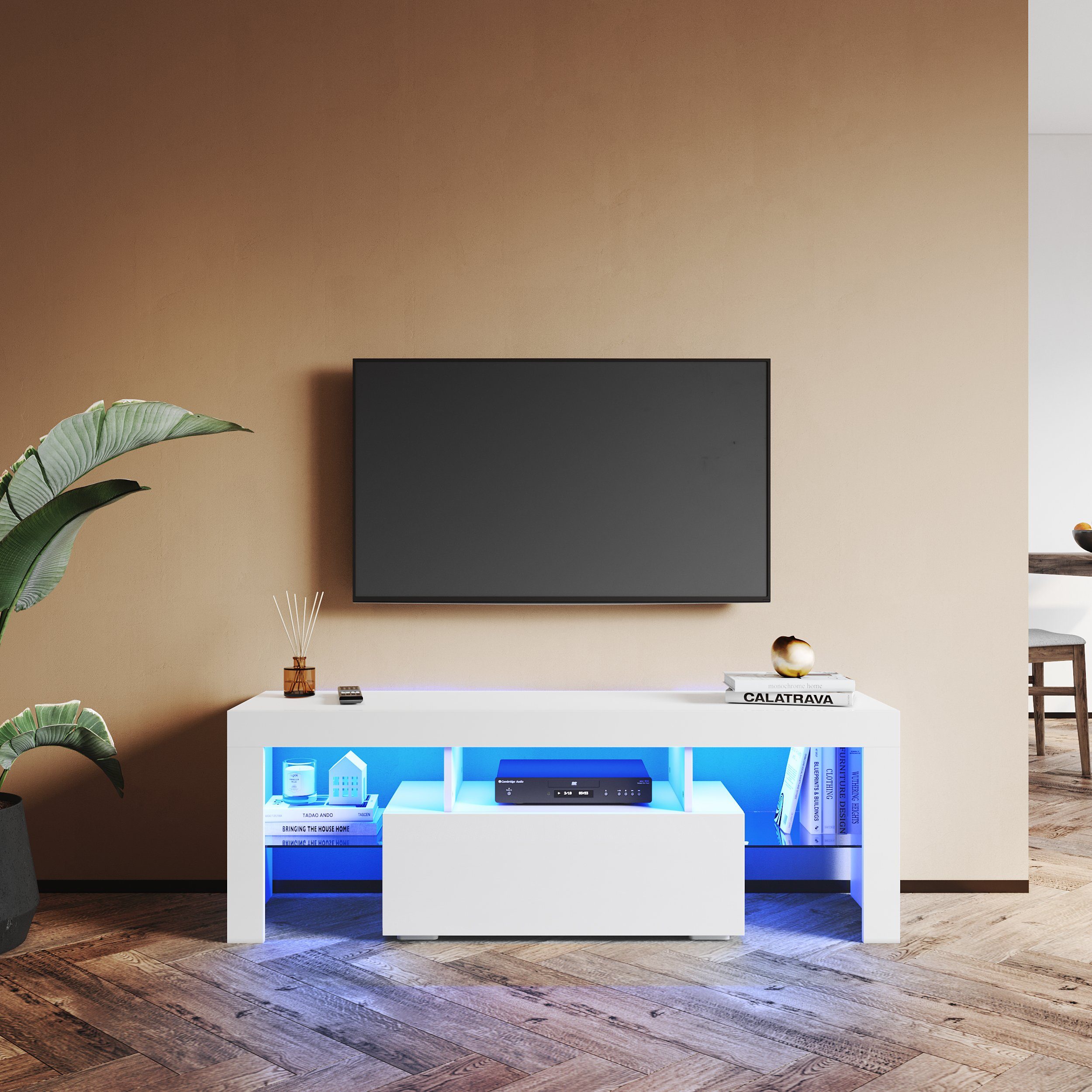 Hochglanz TV Beleuchtung wohnzimmer, Weiß Lowboard tv 130cm SONNI LED TV-Schrank Breite schrank mit sideboards in