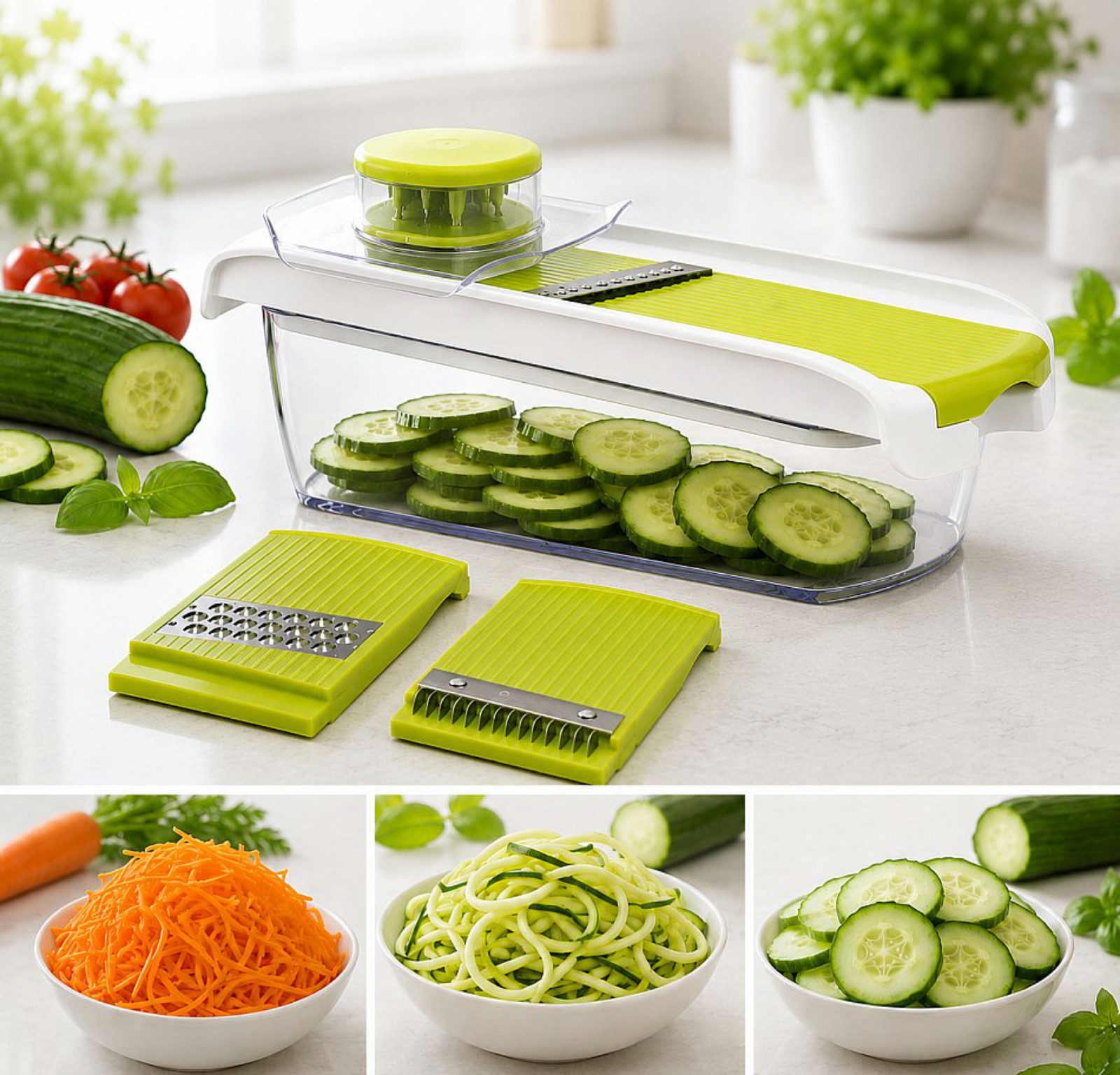 Haushalt International Gemüsehobel Küchenhelfer Küchenmandoline 3 Aufsätze Kunststoff, Kunststoff, (Stück, 1-St., Packung), Gemüseschneider, Raspel, 1,4 Liter, Julienne, Hobel