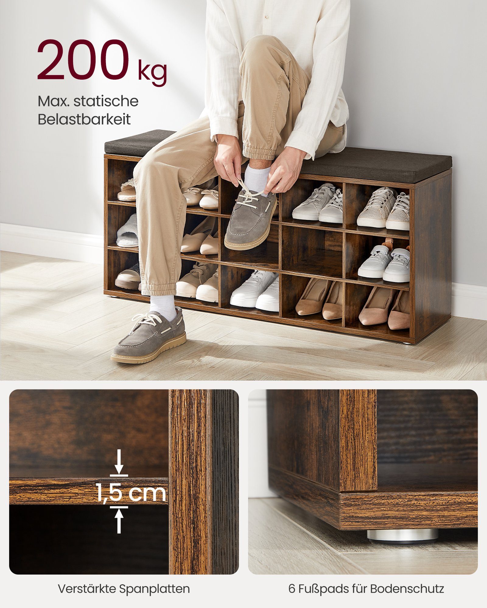 VASAGLE Schuhbank Sitzbank, Schuhregal mit Sitzfläche, mit Kissen und 15 Fächern, 105 x 30 x 48 cm
