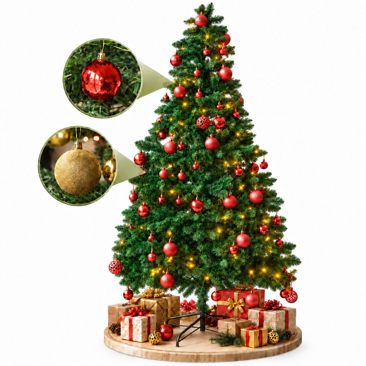 PEGSEN Künstlicher Weihnachtsbaum 180cm Tannenbaum Komplettset mit LED & Weihnachtskugeln, Christbaum, Fichte, stabiler Metallständer, Weihnachtsbaum mit Stecksystem