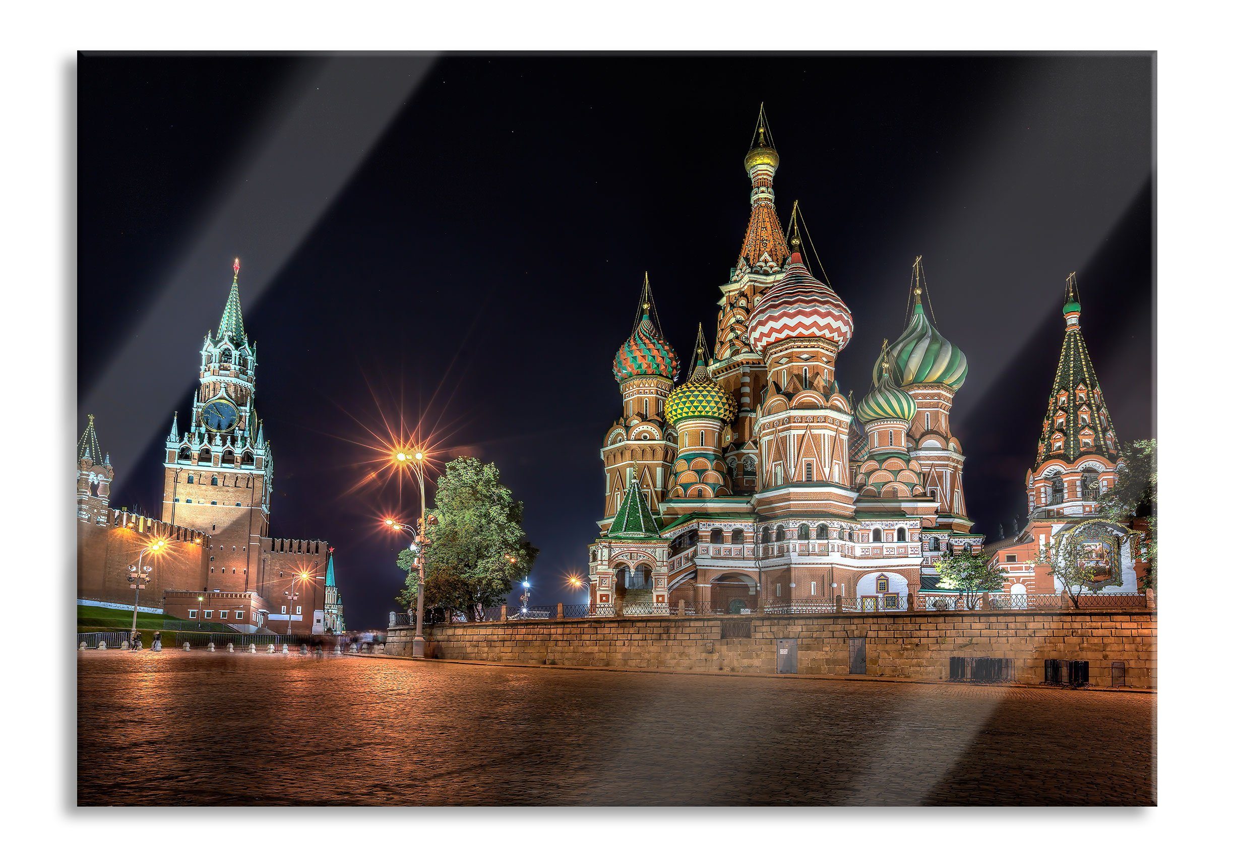 (1 Moskau und Kathedrale Glasbild in Abstandshalter in Basilius Aufhängungen Glasbild Kathedrale aus Echtglas, Moskau, Pixxprint Basilius St), inkl.