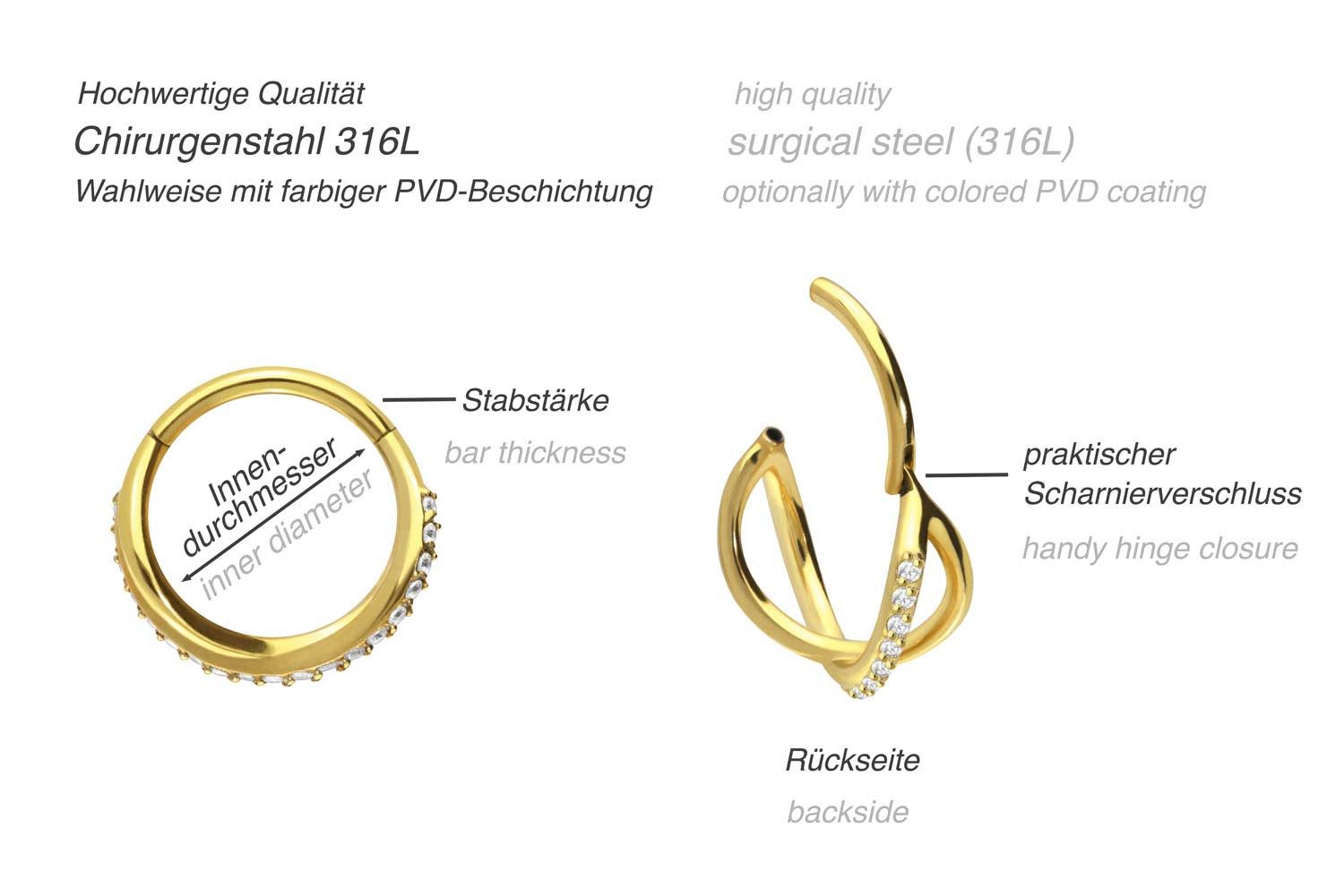 PIERCINGLINE Nasenpiercing Chirurgenstahl Segmentring Clicker UNENDLICHKEIT + EINGEFASSTE (Clicker, 1-tlg), Ohrpiercing für Conch, Helix, Tragus, Daith, Lobe