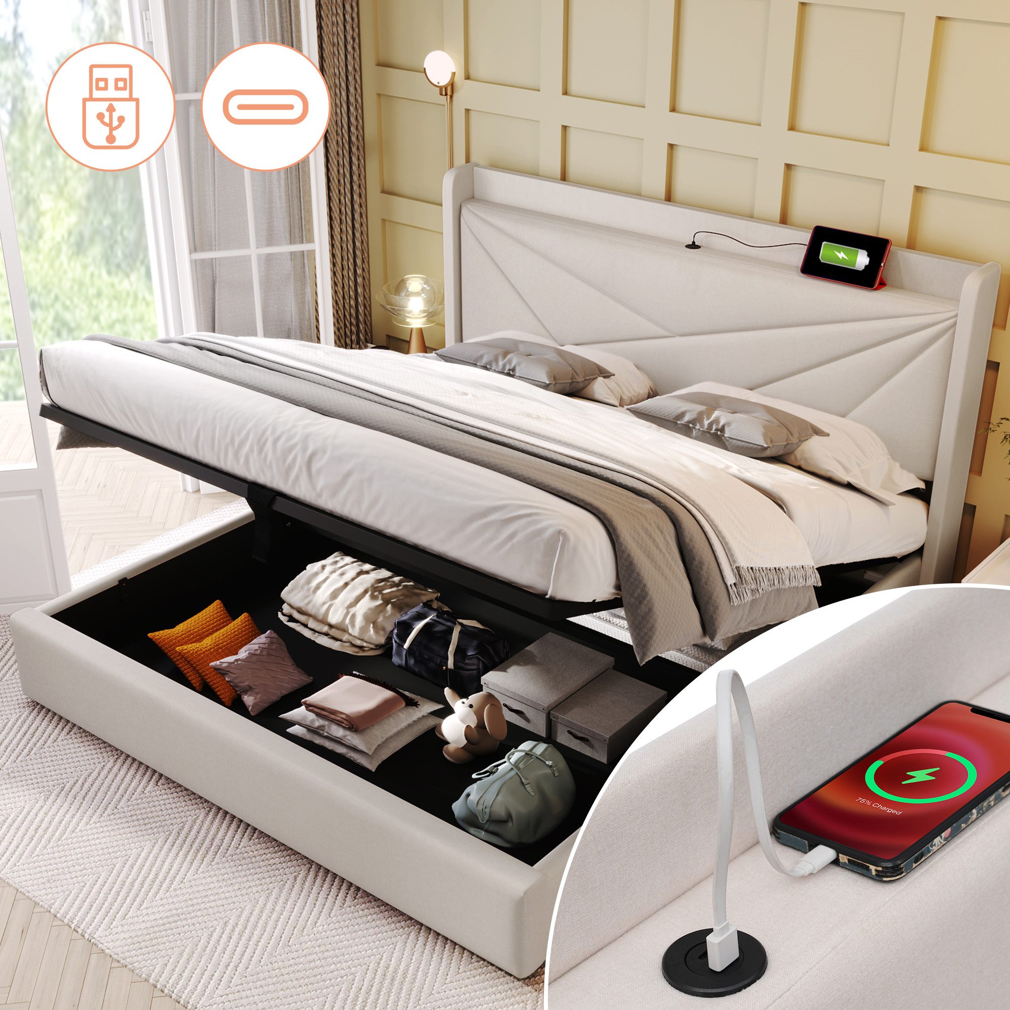 TavilaEcon Boxspringbett Einzelbett mit Stauraum und USB Typ C Ladefunktion günstig online kaufen