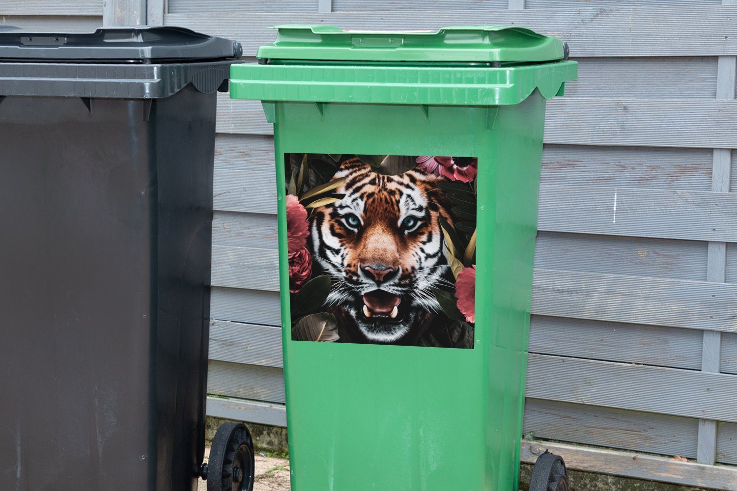 MuchoWow Wandsticker Tiger Blumen St), (1 Abfalbehälter Sticker, Container, - Mülleimer-aufkleber, Dschungel Mülltonne, 