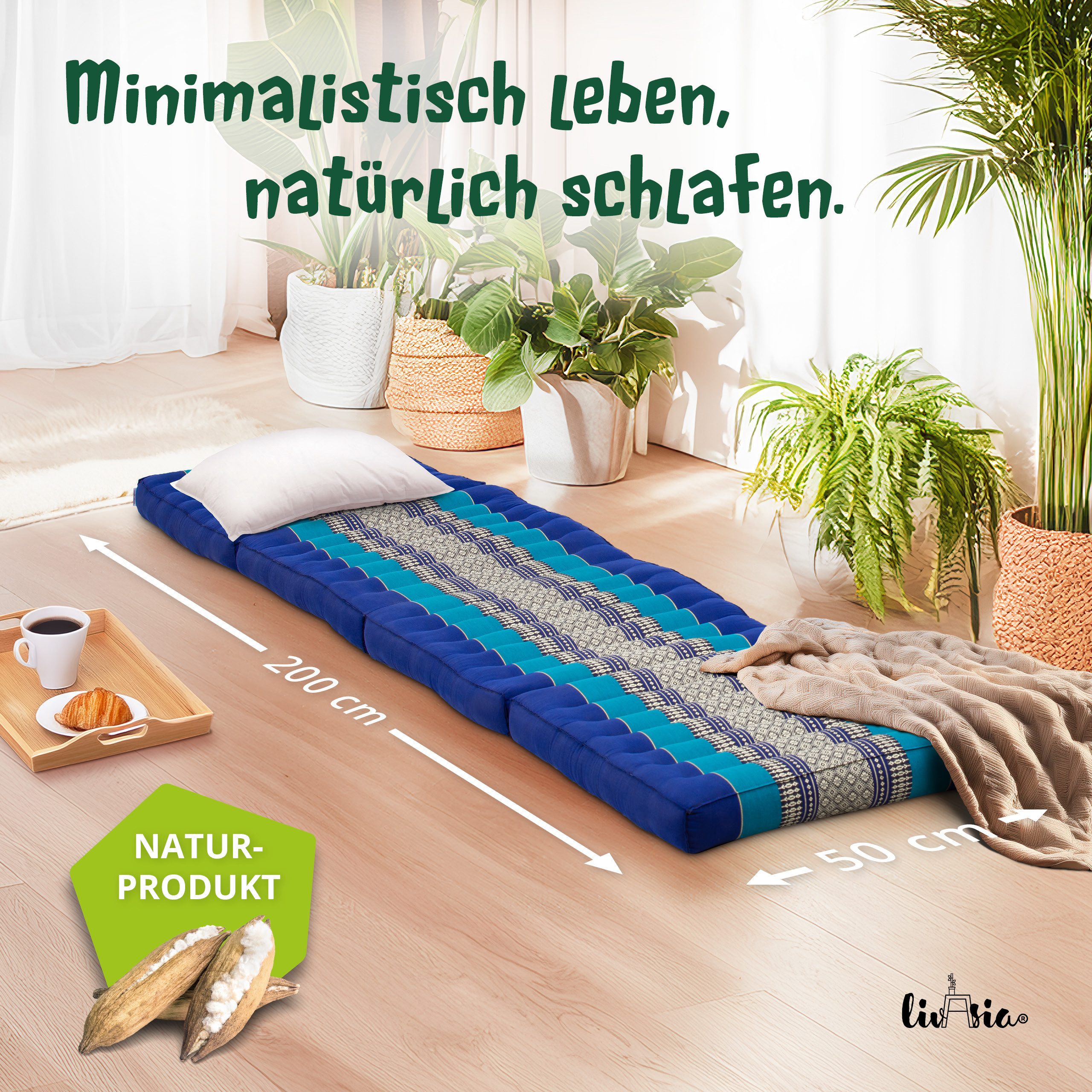 Klappmatratze 50 cm breit (Classic) - 200x50x8cm - Faltmatratze, livasia, 8 cm hoch, Kapok, vegan, handgefertigt