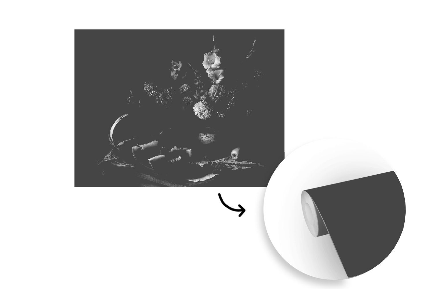 MuchoWow Fototapete Stilleben Weiß, Vinyl Obst (5 Wandtapete St), - Schwarz Wohnzimmer, Montagefertig bedruckt, für Matt, - Tapete 